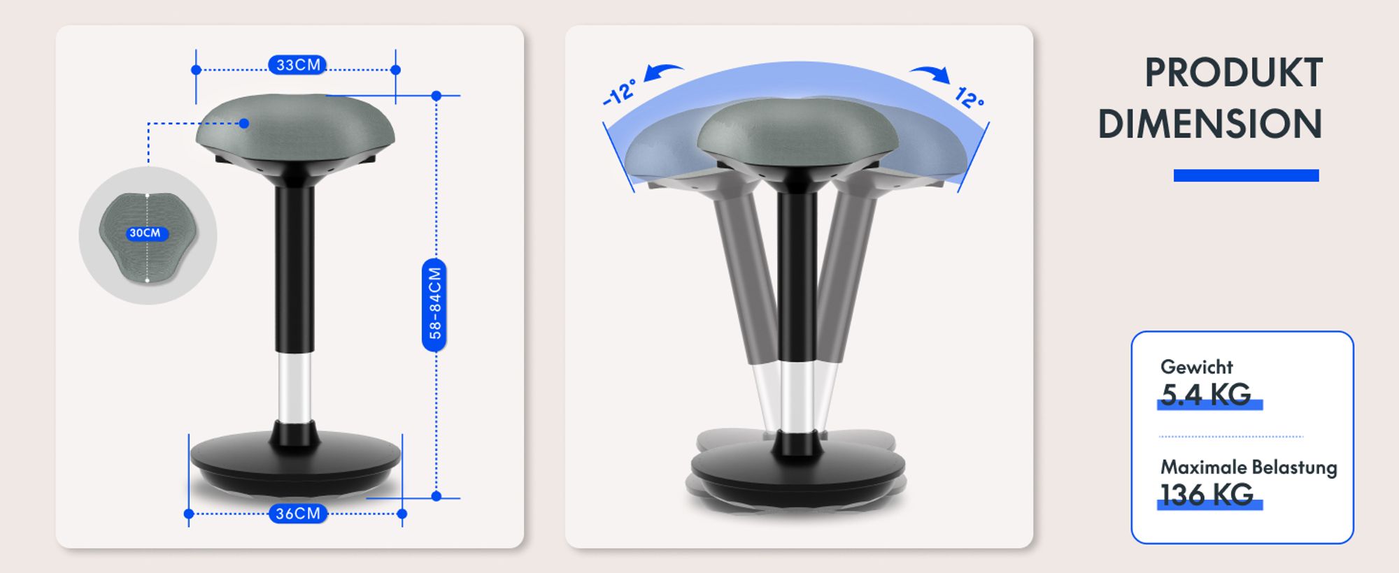 FLEXISPOT Ergonomischer Arbeitshocker – Höhenverstellbare Stehhilfe, 360° drehbar, Bürohocker – Schreibtischhocker – Sitz-Steh-Hocker (Grau)