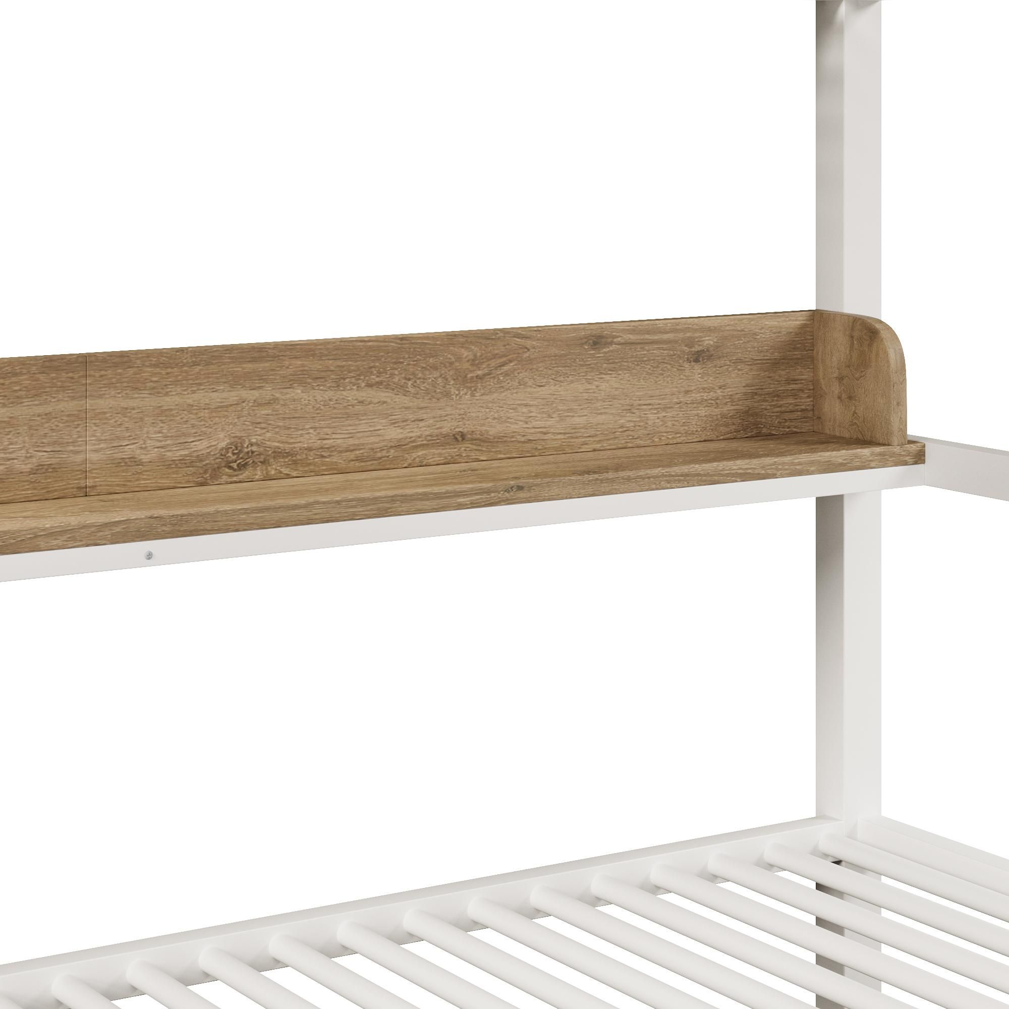 Merax Etagenbett Hochbett 140x200 cm, Metallbett mit LED Beleuchtung, 2 Schubladen, Ablagebord, Aufbewahrungskorb, Stauraum Bett, Kinderbett, Weiß