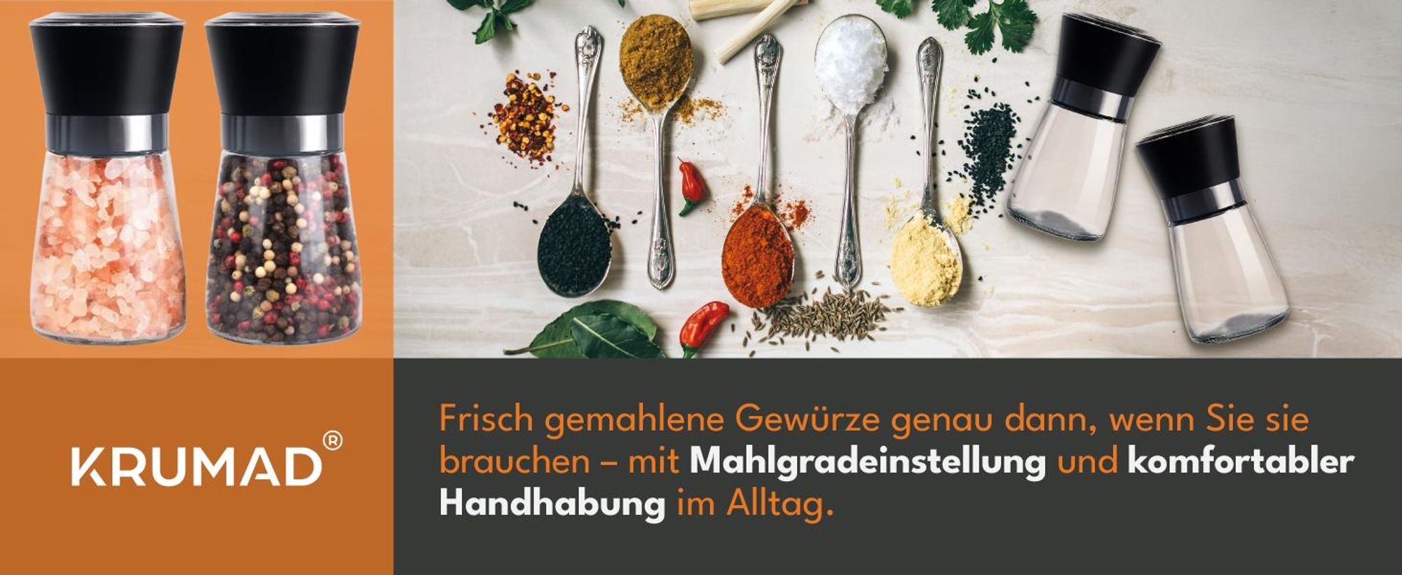 KRUMAD Salz- und Pfeffermühle Set 2er, Gewürzmühle aus Glas mit Keramikmahlwerk, einstellbarer Mahlgrad, Salzmühle & Pfeffermühle