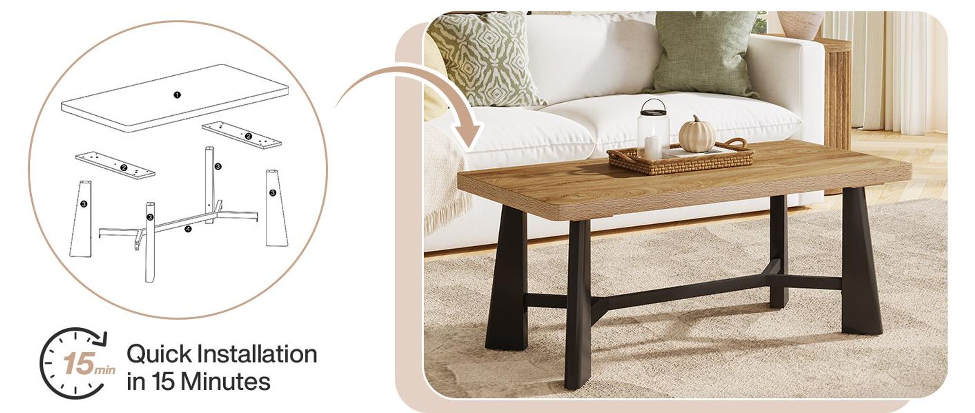 Tribesigns Rechteckiger Couchtisch, 120 cm Wohnzimmertisch, Landhaus-Industrie-Stil Sofatisch, Mitteltisch für das Wohnzimmer