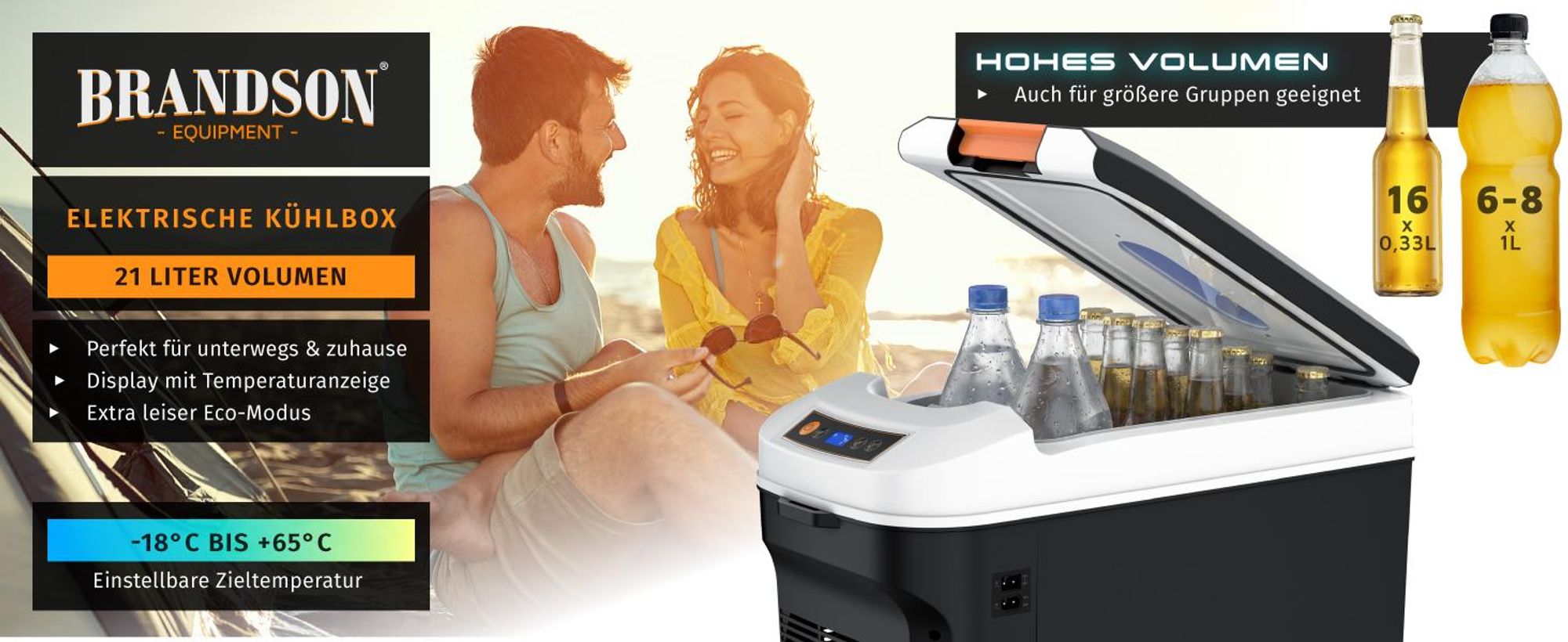 Elektrische Kühlbox 21 L, Kühlt & hält Warm, von -18 bis +65°C, Sichtfensterdeckel, LCD-Display, ECO-Modus, Tragegurt, mobil und leise, für Camping, Auto