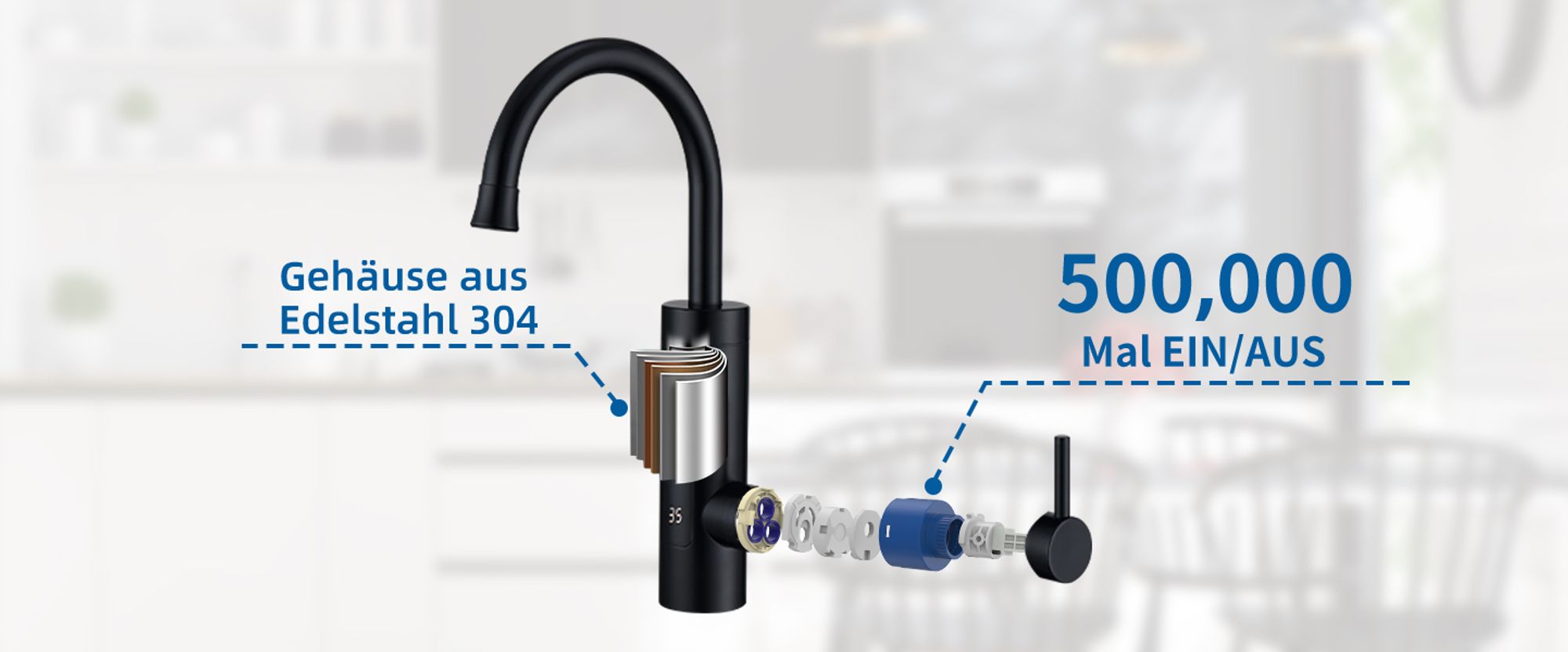 Wasserhahn Küche Homelody 360°Schwenkbar Durchlauferhitzer 230V Elektrischer Küchenarmatur mit LED Edelstahl Spülarmaturen Warmwasserboiler Camping