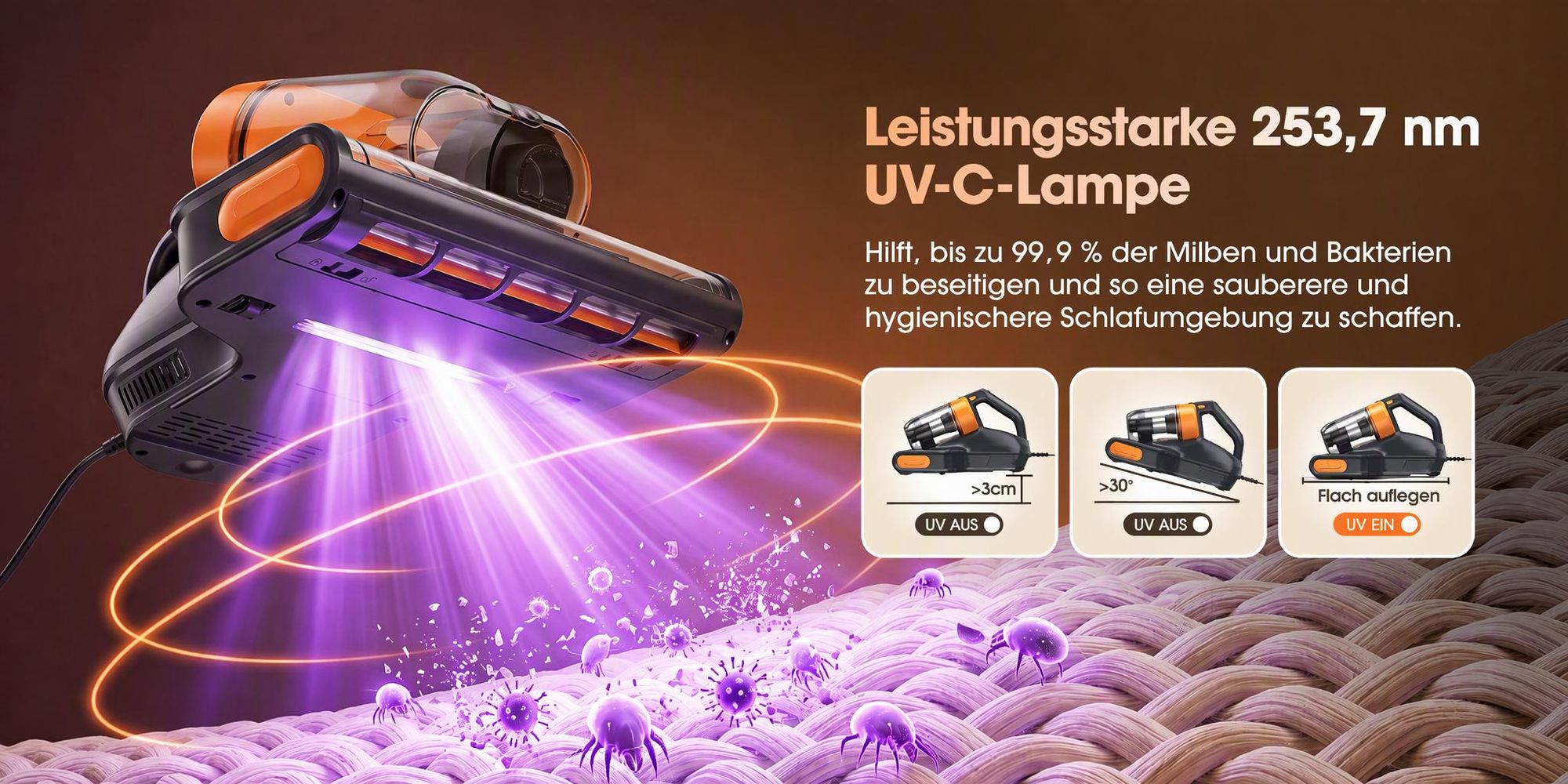 Lubluelu CM209 Milbensauger Handstaubsauger für Matratzen 16 kPa, 450 W LED-Staubsensor, 80 °C Warmluft, UV-C-Licht, 65.000 Schläge/min & HEPA-Filter