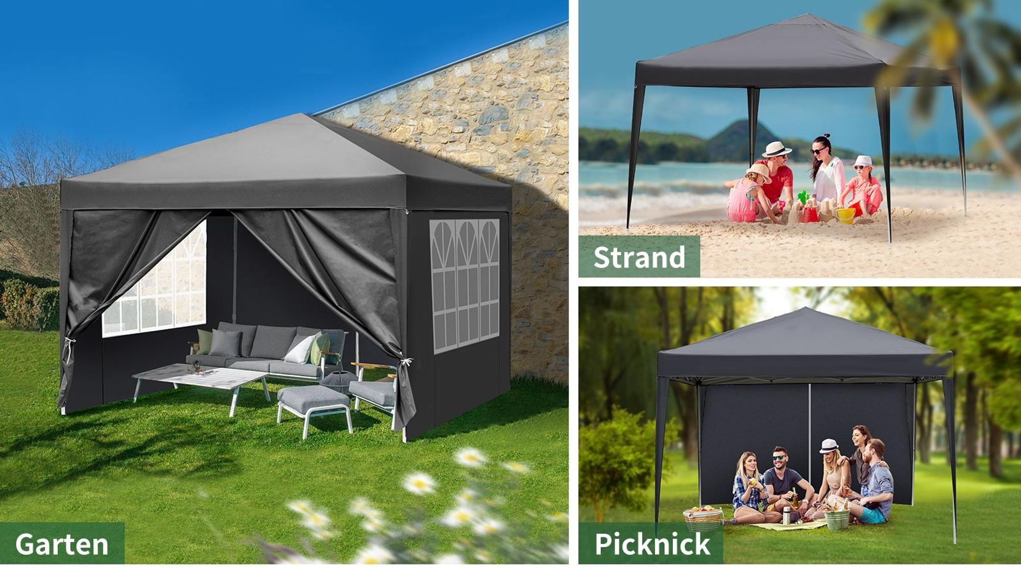 LEADZM 3x3M Pavillon Wasserdicht Pop up Faltpavillon Pavillon mit 4 Seitenteilen Faltbar Zelt Gartenpavillon, 4 Sandsack, Grau