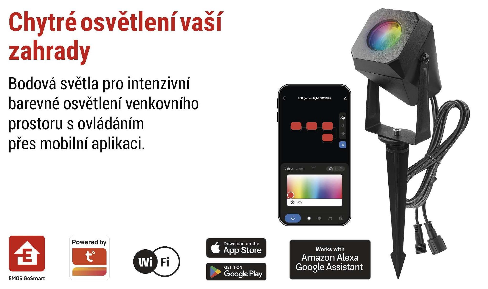 EMOS Chytré zahradní osvětlení se zemním bodcem, prodlužovací díl 1 kus, WiFi, RGBIC+CCT barevné spektrum, stmívatelné, aplikace, vodotěsné, ZIW191R