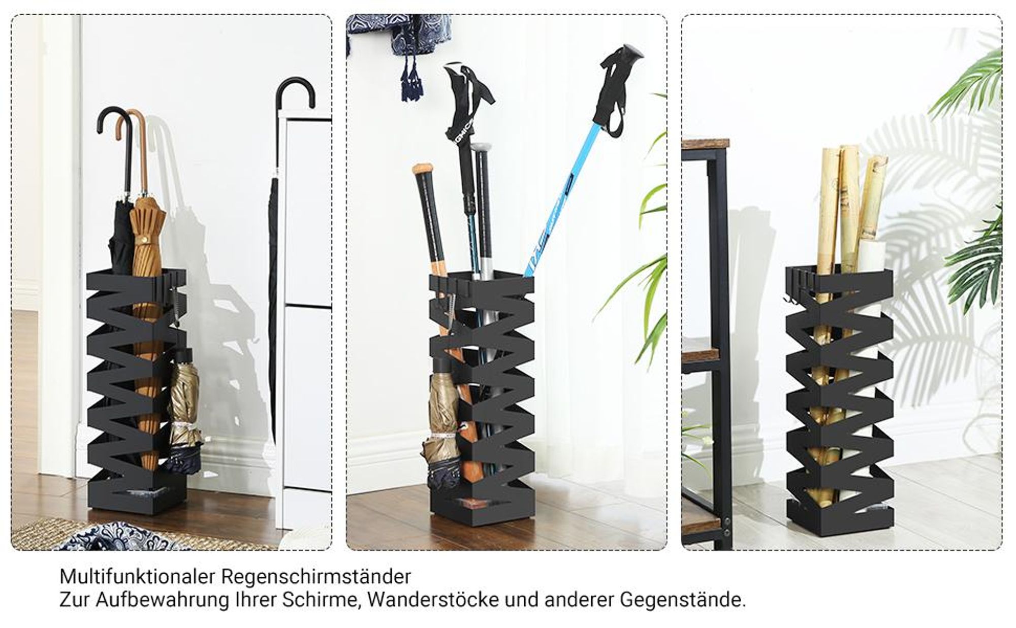 SONGMICS Ø 15,5 x49cm Schirmständer 2 Haken Metall Regenschirm Wasserauffangschale schwarz werdern verschenkt rechteckig LUC16B