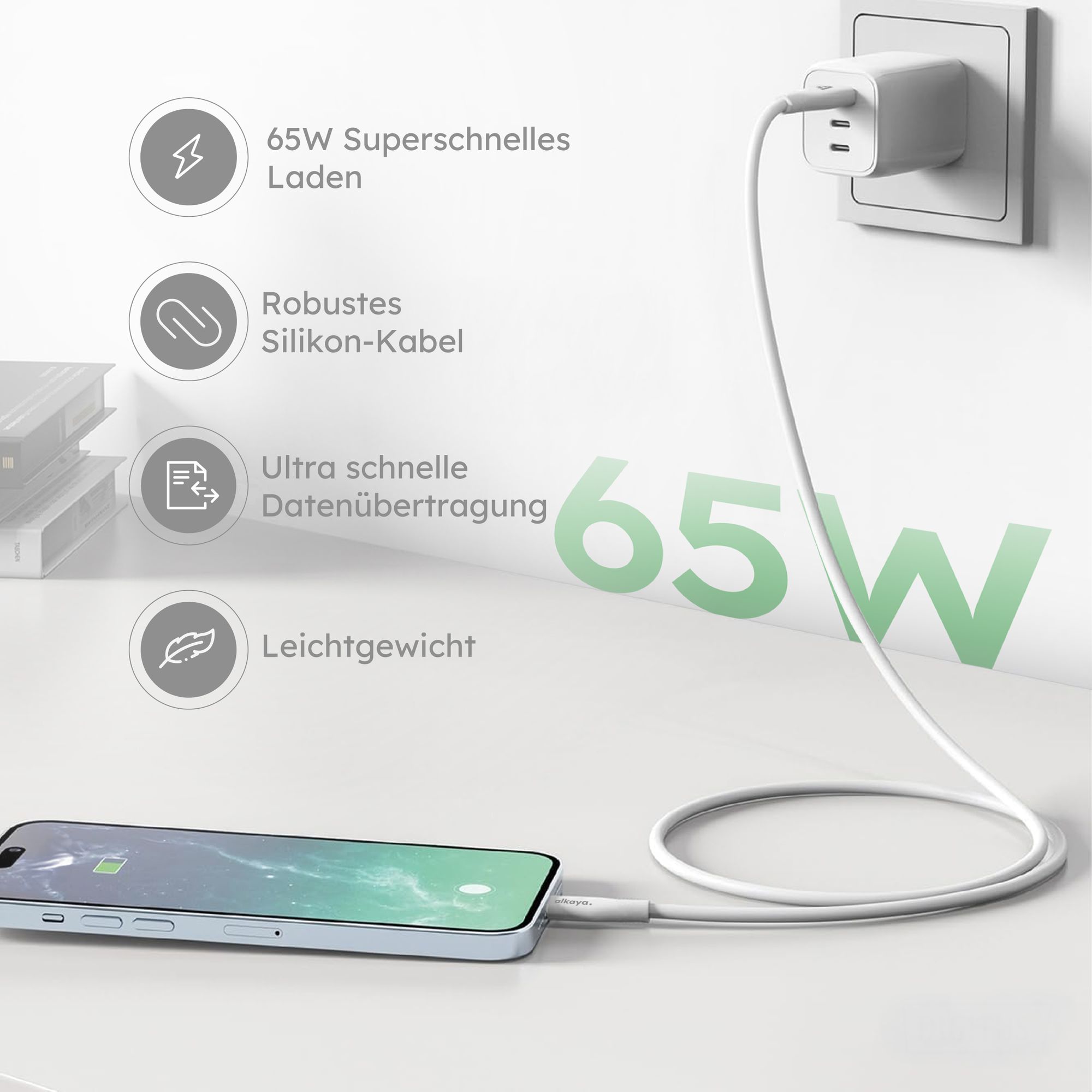 alkaya. Ladekabel USB-C, Datenkabel Silikon weiss, kompatibel mit Samsung, Xiaomi, Sony, Google, Huawei - 1m/65W