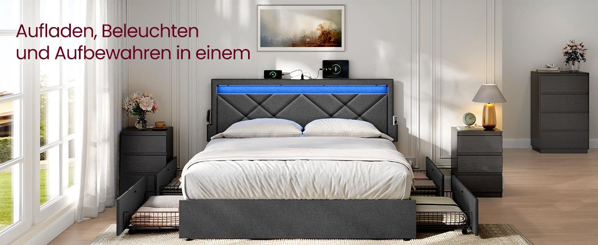 VASAGLE Doppelbettgestell, Bettgestell, 180 x 200 cm, LED, Metallbett, 4 Schubladen, Ladestation, verstellbares gepolstertes Kopfteil, Schiefergrau