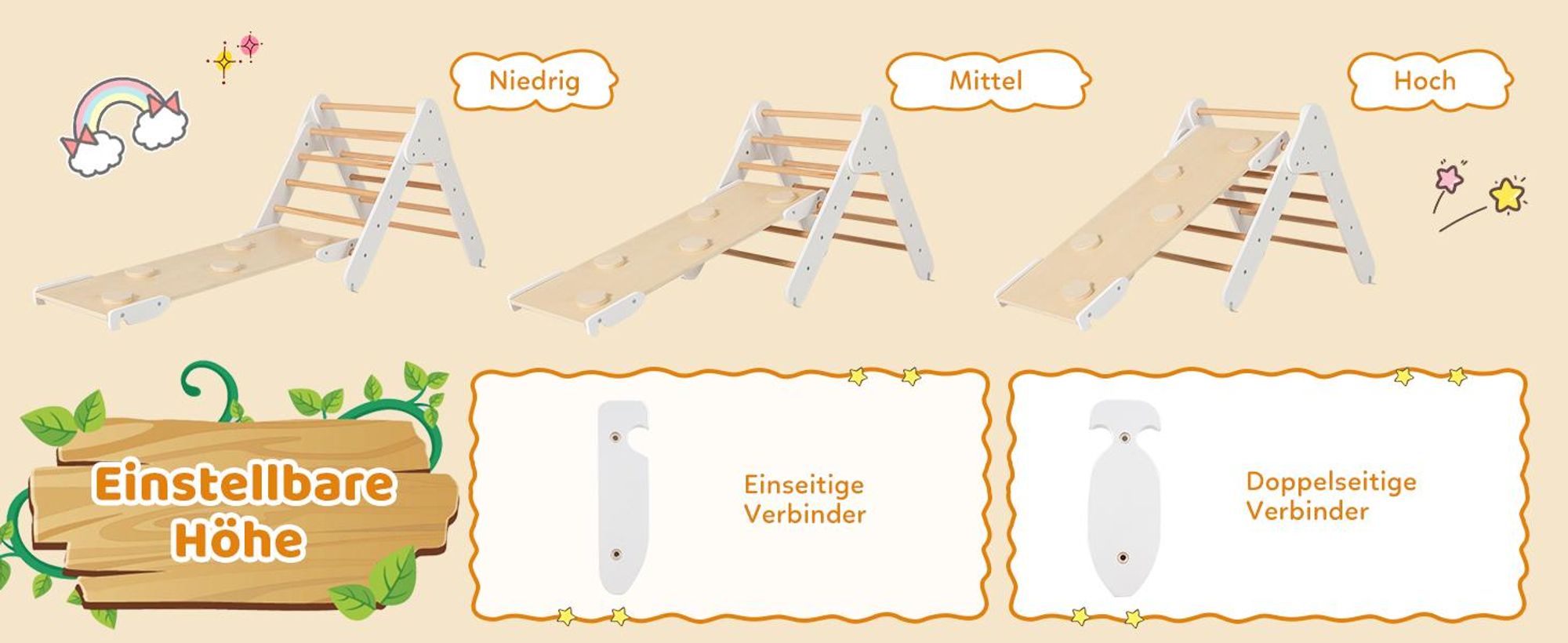 COSTWAY 4 in 1 Kletterdreieck & Kletterbogen & Leiter & Rutsche, Klettergerüst mit doppelseitigen Rampe, Sprossendreieck zum Klettern, Rutschen und Wippen, für Kleinkinder ab 1 Jahre