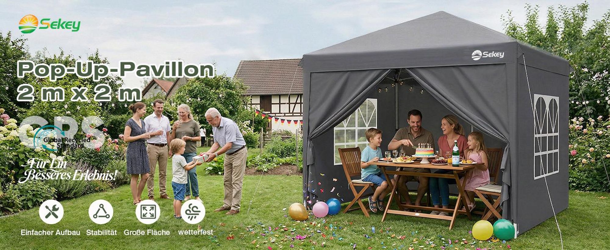 Sekey Faltpavillon 2x2 m wasserdicht UV50+ Gartenpavillon Partyzelt mit 4 Seitenteilen höhenverstellbar, Grau
