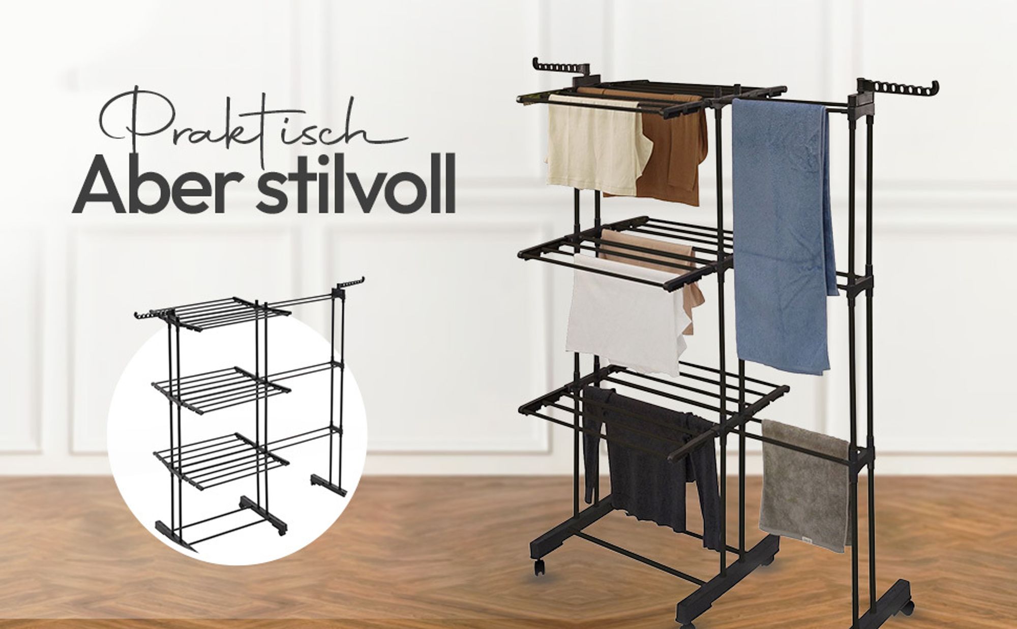 Meisterhome® Klappbarer Wäscheständer Wäscheturm Effizientes Trocknen mit 3 Ebenen, 2 Seitenflügeln - Trockenleinenlänge - Platzsparend, vielseitig und mobil für drinnen und draußen – Schwarz, Länge:25m