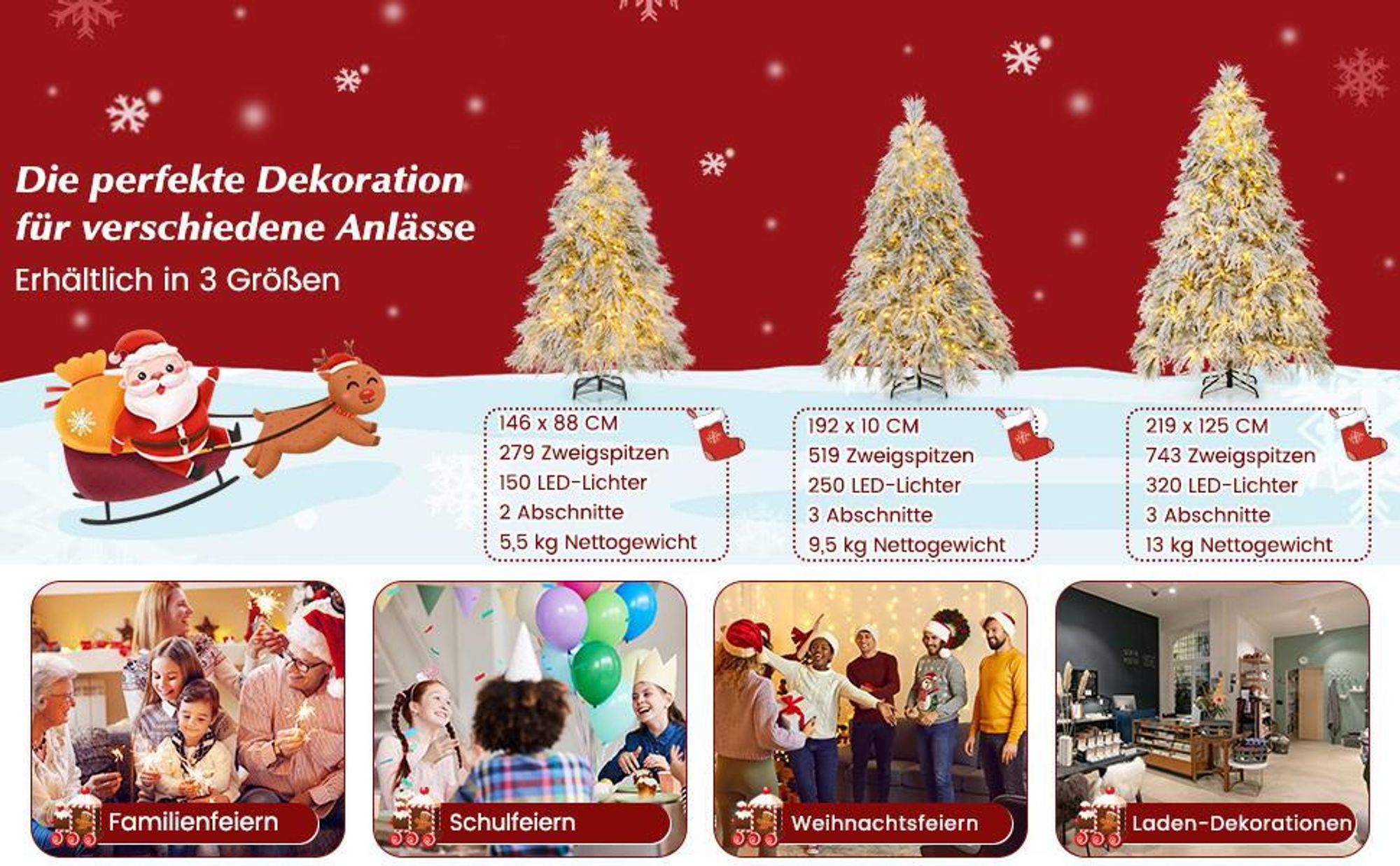 COSTWAY Künstlicher Weihnachtsbaum mit Schnee, Tannenbaum mit warmweißen LED-Lichtern & 279 Zweigspitzen, Christbaum mit Metallständer, Festbaum Kunstbaum für Festdekoration Indoor Outdoor (150cm)
