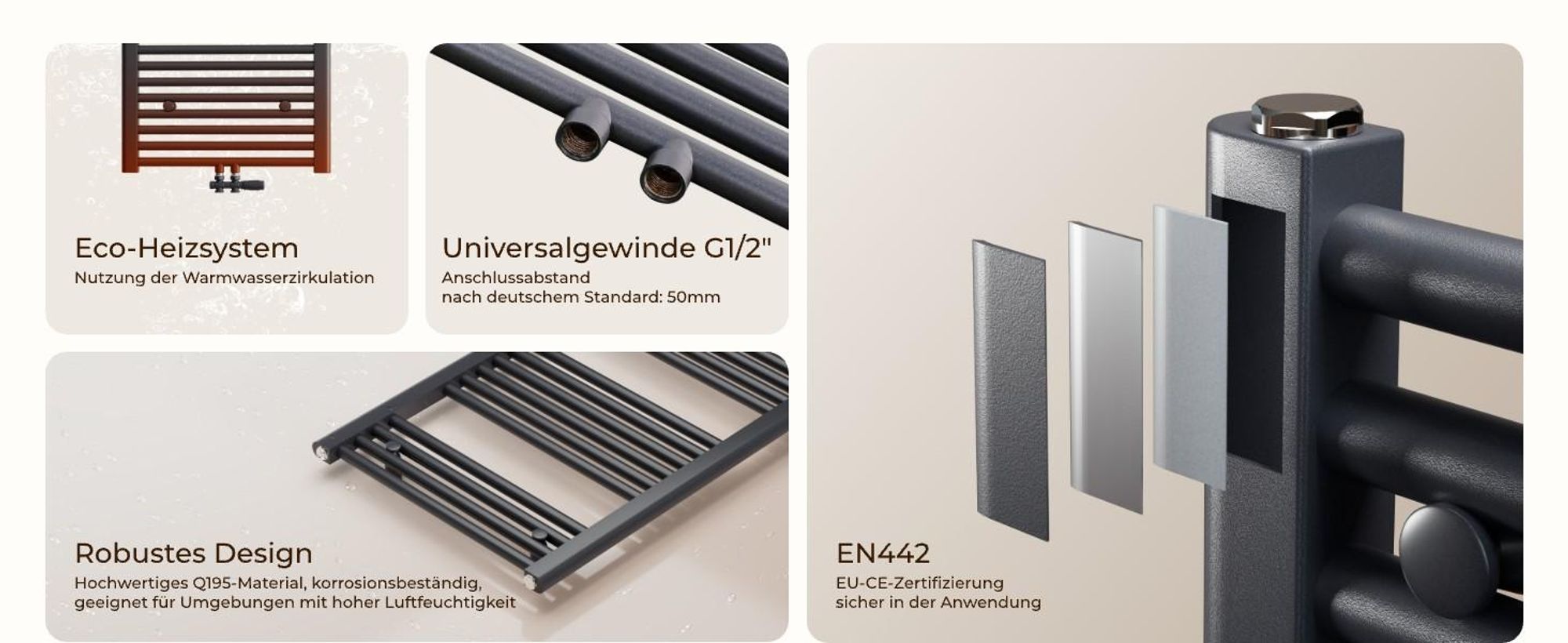 Heilmetz Badheizkörper Anthrazit 1800x600 mm, Handtuchtrockner aus Q195-Stahl, Mittelanschluss 50mm, 860W Handtuchheizkörper Ohne heizstab