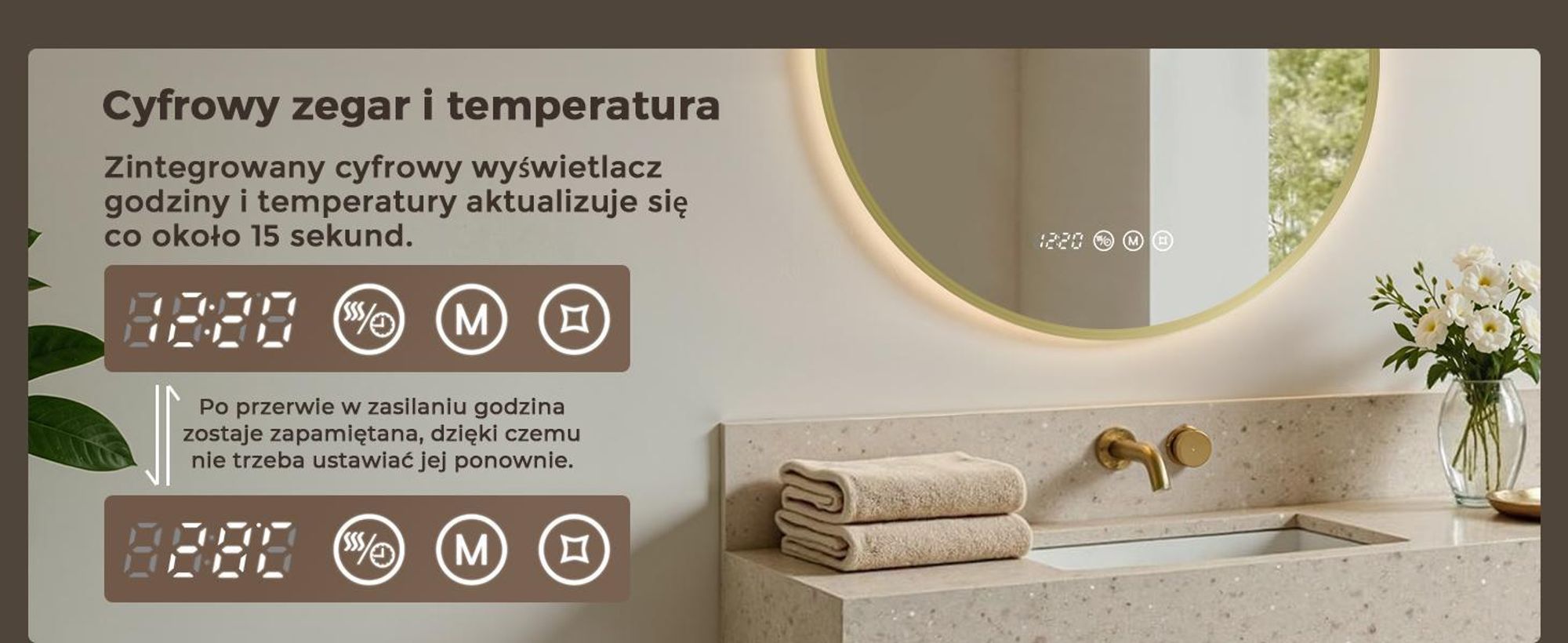 S'AFIELINA Lustro Łazienkowe LED 70 cm, Okrągłe, Złota Rama, 3 Barwy Światła, Regulacja Jasności, Antypara, Zegar, Wyświetlacz Temperatury