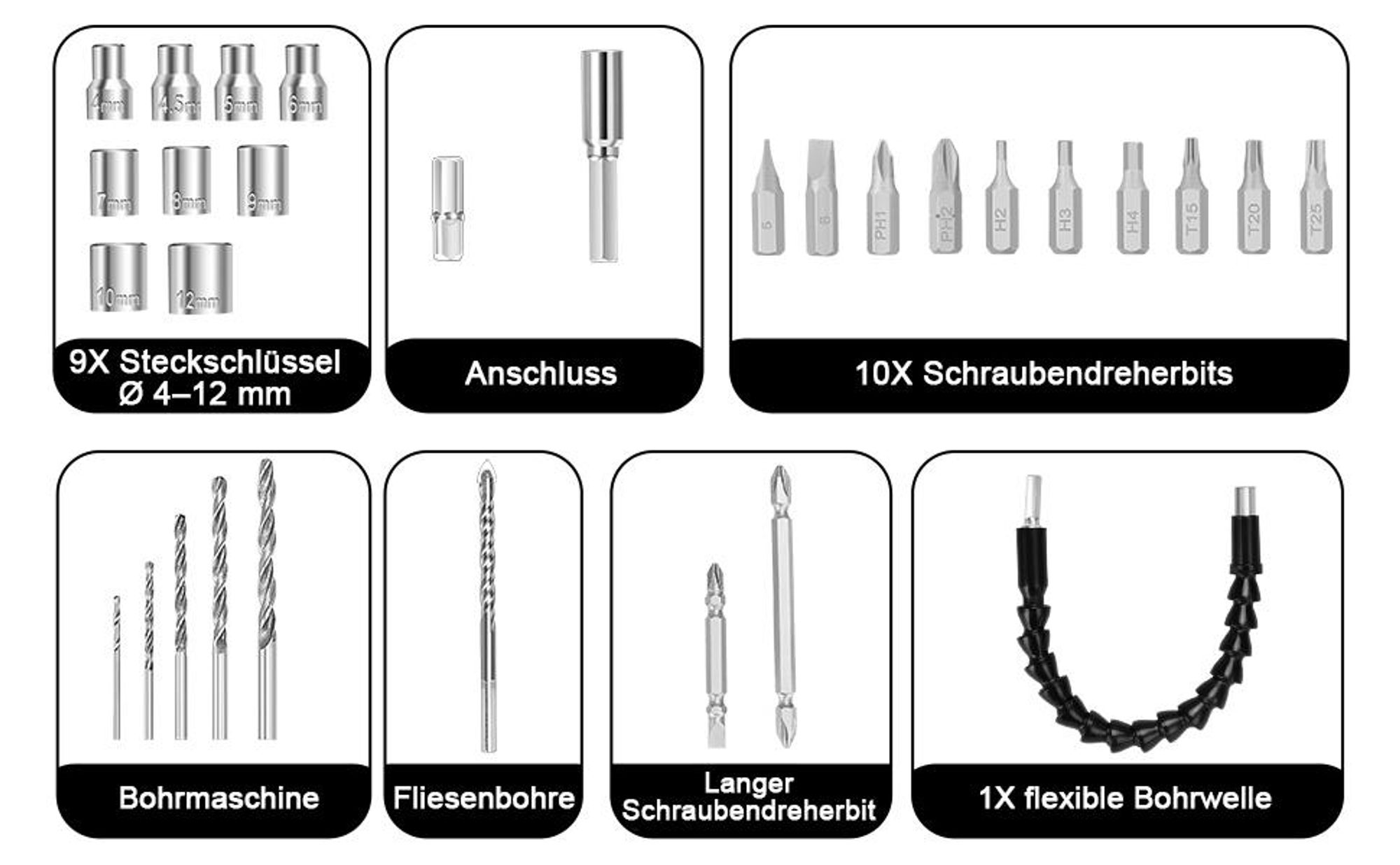 Akkuschrauber, Akku Bohrschrauber Set, Akku-Schlagbohrschrauber, Schlagbohrmaschine, mit 2x 1500Ah Batterie, Koffer und viel Zubehör