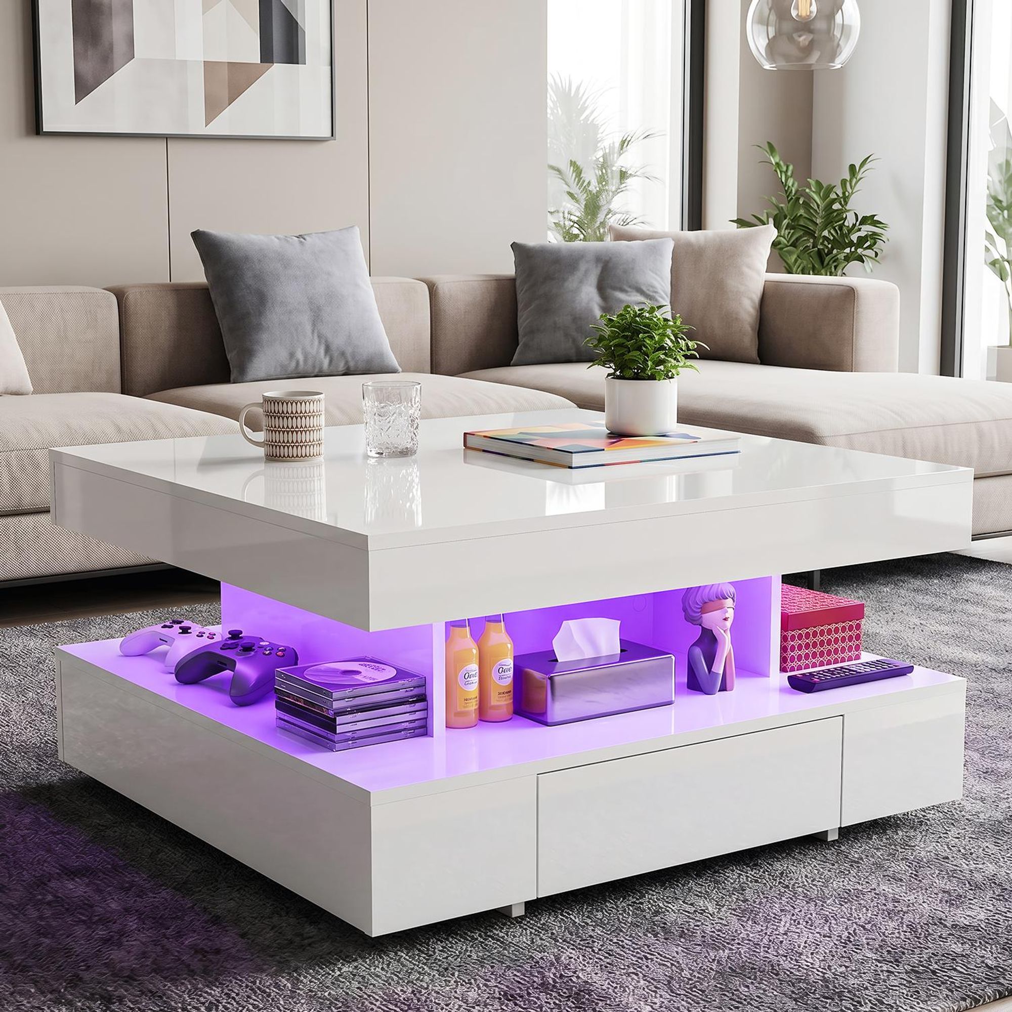 OYAJIA Couchtisch Hochglanz mit LED Beleuchtung & Fernsteuerung Bluetooth-Fernbedienung.App-Steuerung mit 2 Schubladen  for Wohnzimmertisch