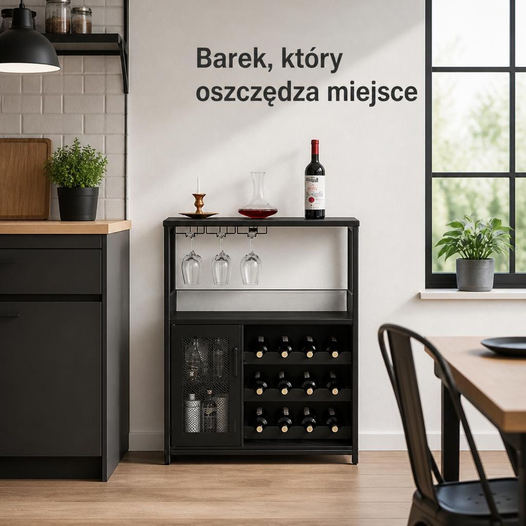 Wolnostojąca szafka na wino w stylu industrialnym (z drzwiczkami z siatki) – zawiera wyjmowane półki na wino i uchwyty na kieliszki – kolor czarny
