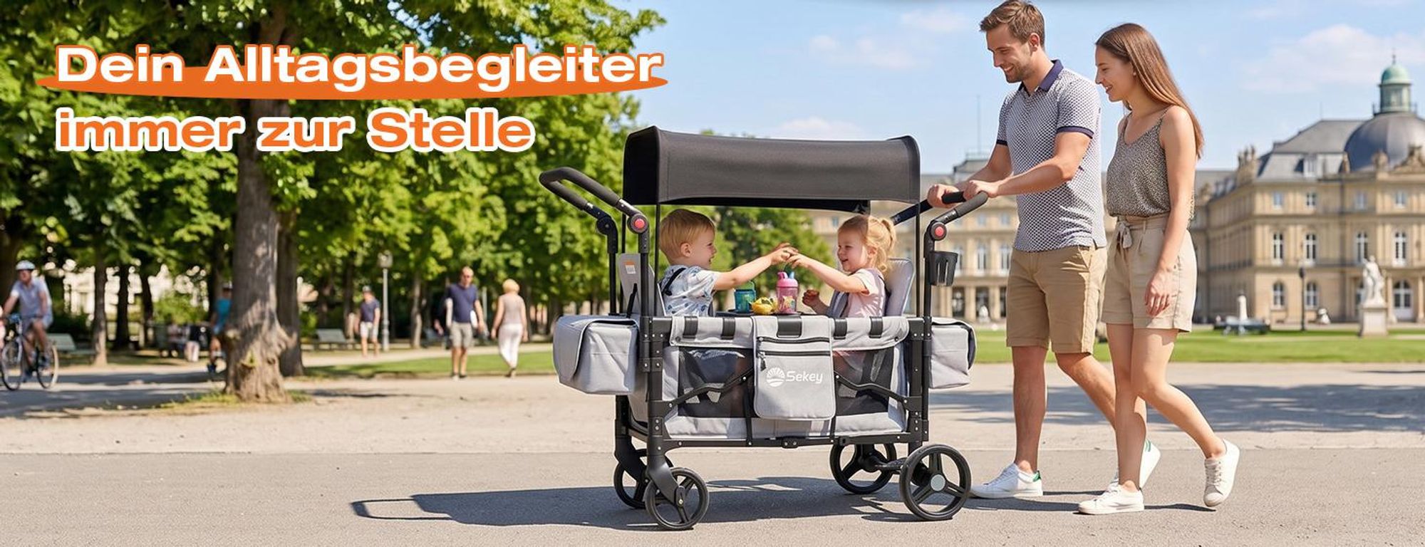 Sekey Bollerwagen Faltbar mit Dach Zwillingsmodus Kinderwagen Doppelsitz mit 2x 5-Punkt-Gurtsystem, Grau