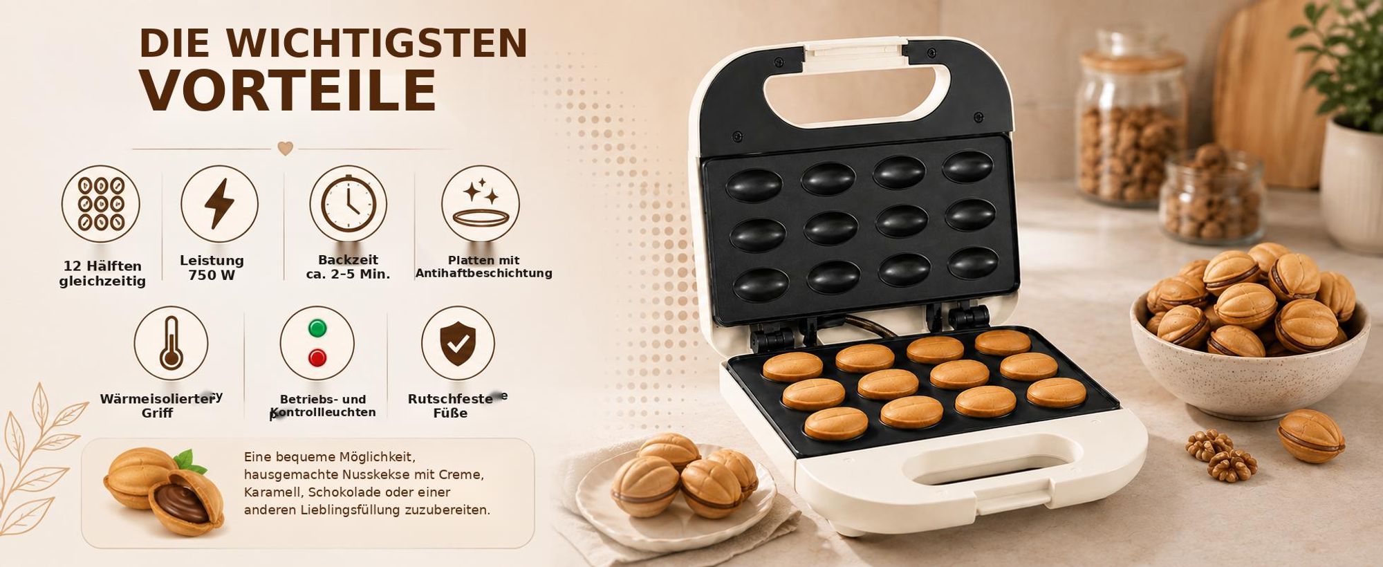 Nussgebäck-Maker Keksform 750W 12 Hälften Antihaftbeschichtet Zn1000N