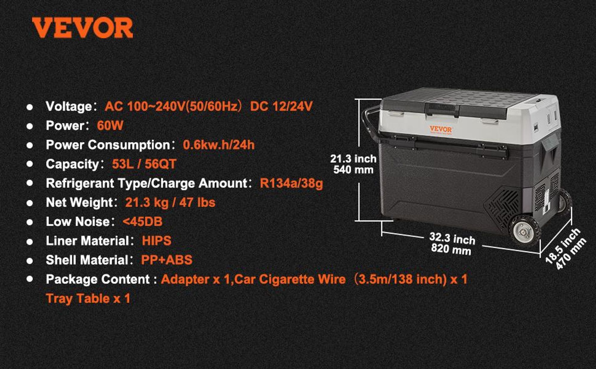 VEVOR Camping Kühlschrank 53 L Kühlbox, 12 / 24 V Rollbare Elektrische Gefrierbox 2 in 1 Doppelzone, Auto Kühlschrank Kompressor zum Warmhalten und Kühlen 60 W Tragbar Handgriff Boot, Lkw, Mobil Grau