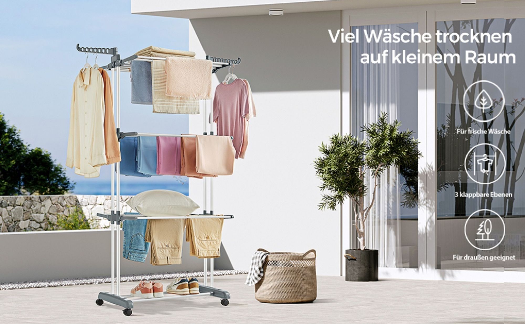 SONGMICS Wäscheständer, Standtrockner 4 Ebenen, mit Rollen, 63,5 x 128 x 173 cm, weiß
