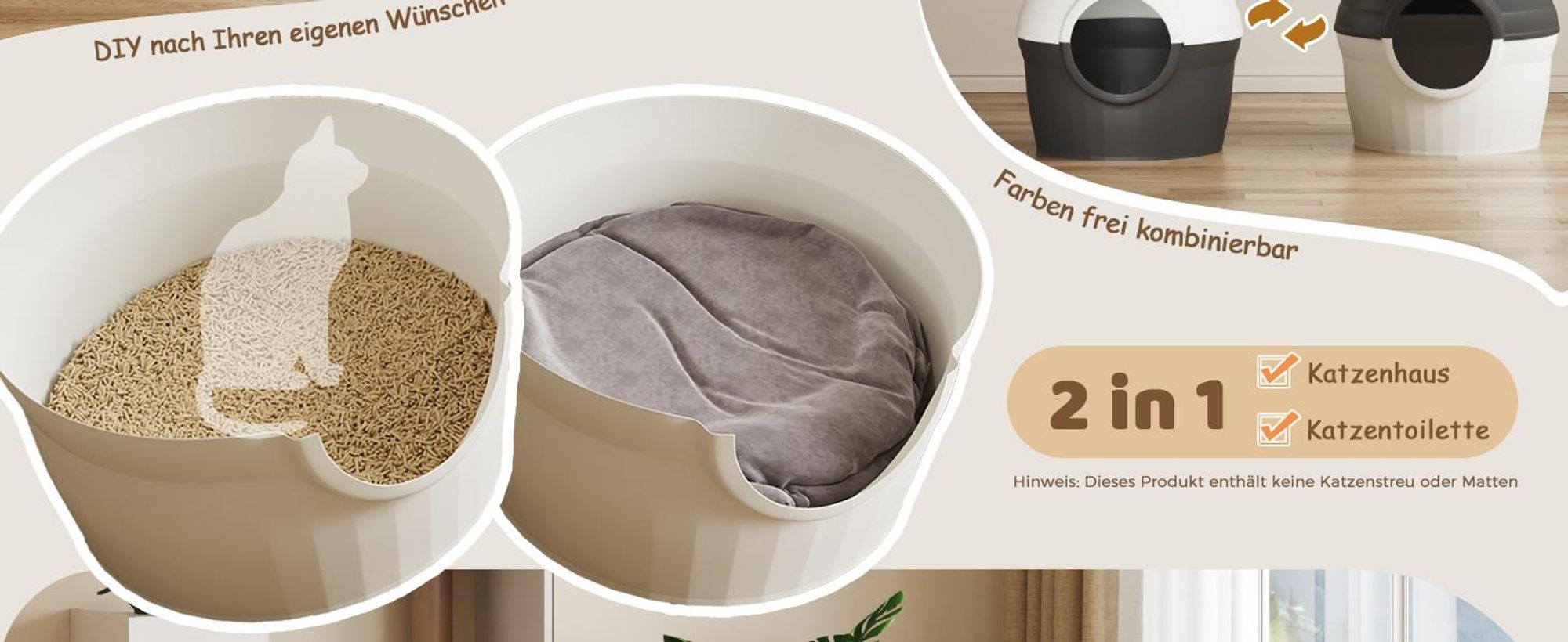 Mondeer 2-in-1 Katzentoilette & Schlafhöhle mit Deko-Pflanze, individuell gestaltbar, belüftet – inkl. Katzenangel und Schaufel Weiß
