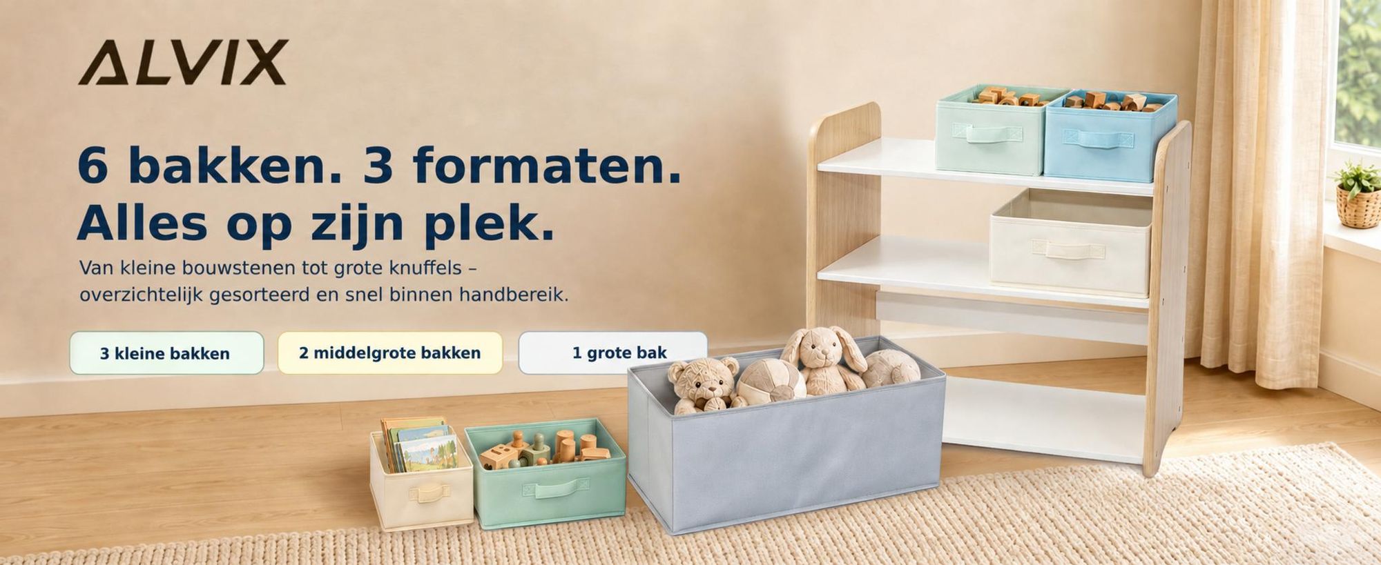 ALVIX Speelgoedrek NESTA 6 met 6 uitneembare opbergboxen, kinderrek, speelgoedopslag van MDF, opbergrek voor kinderkamers