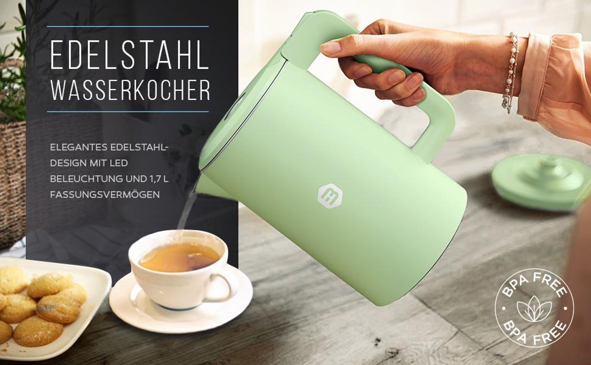 Balter Wasserkocher Edelstahl 1,7L, 2200W, BPA-frei, LED-Beleuchtung, Doppelwand, Teekessel mit Abschaltautomatik, Trockenlaufschutz, Mint