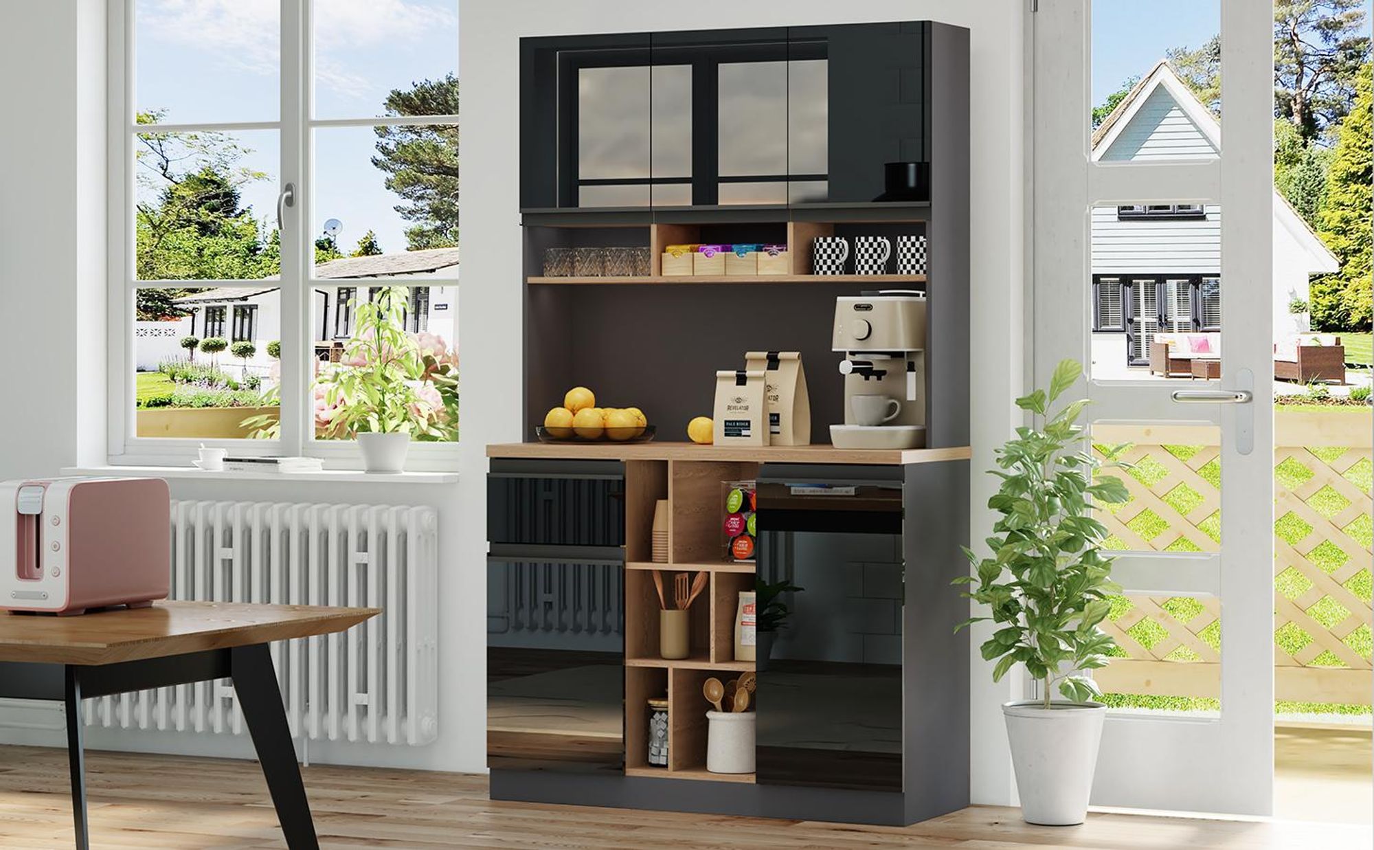 Flieks Küchenschrank Hochschrank mit Hochglanztüren, Aufbewahrungsschrank mit verstellbaren Ablagen, Küchenbuffet Sideboard schwarz
