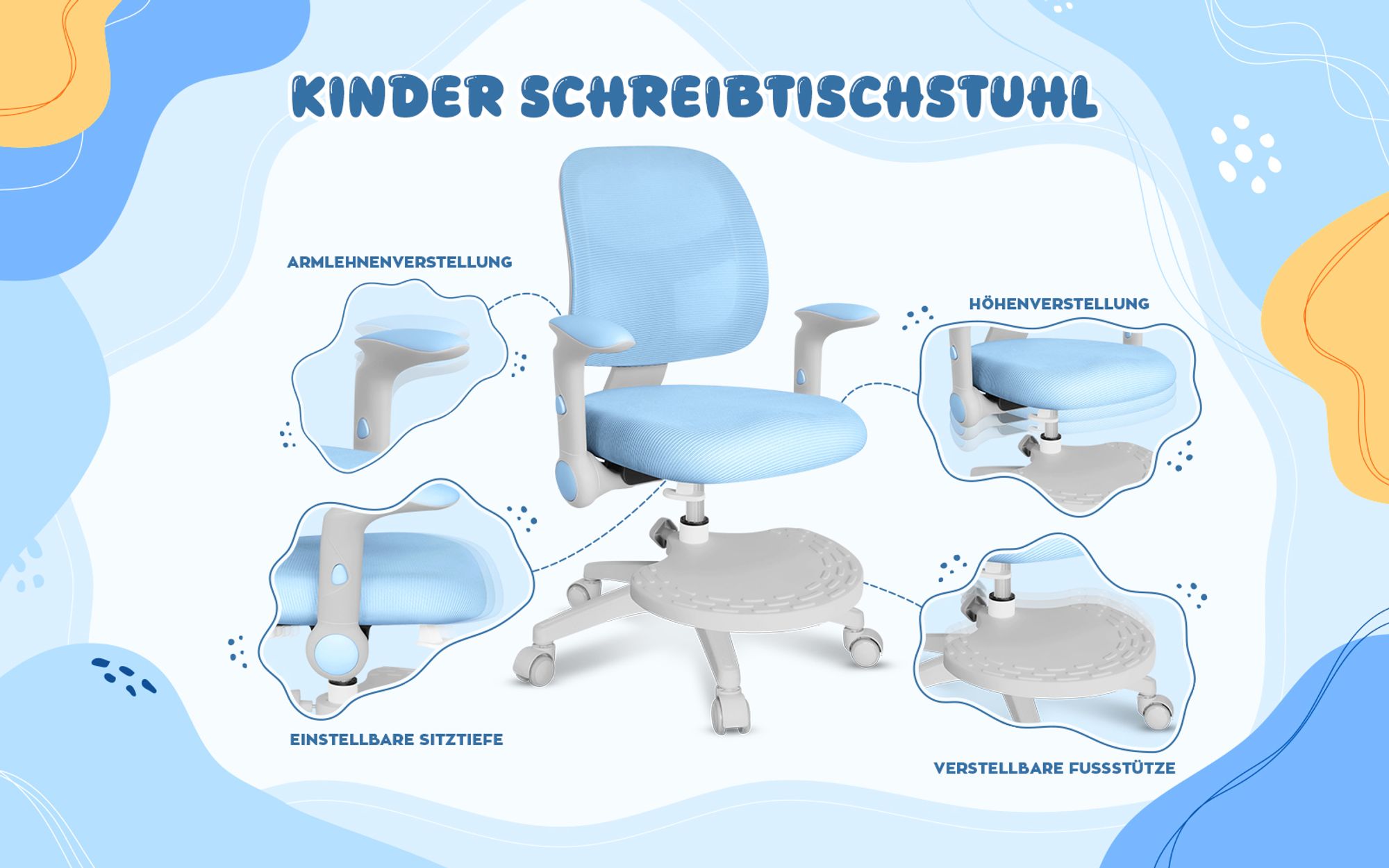 MARK ADLER Junior 5.0 | Kinder Schreibtischstuhl Ergonomischer Kinderdrehstuhl | Fußablage | Sitztiefe einstellen | Verstellbare Armlehnen | Blau