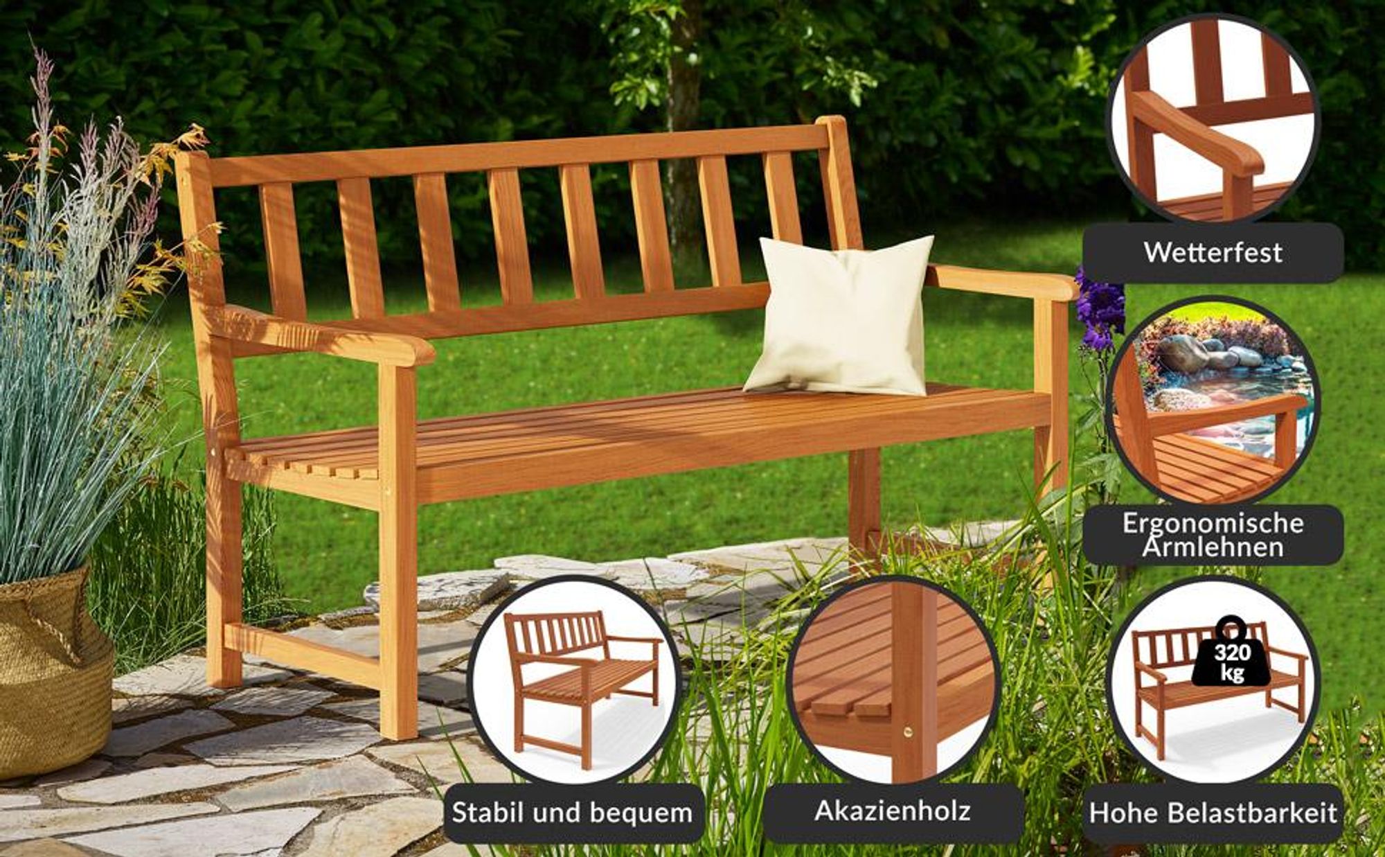 CASARIA Gartenbank aus Holz, wetterfest - Massive Outdoor 2 Sitzer Bank