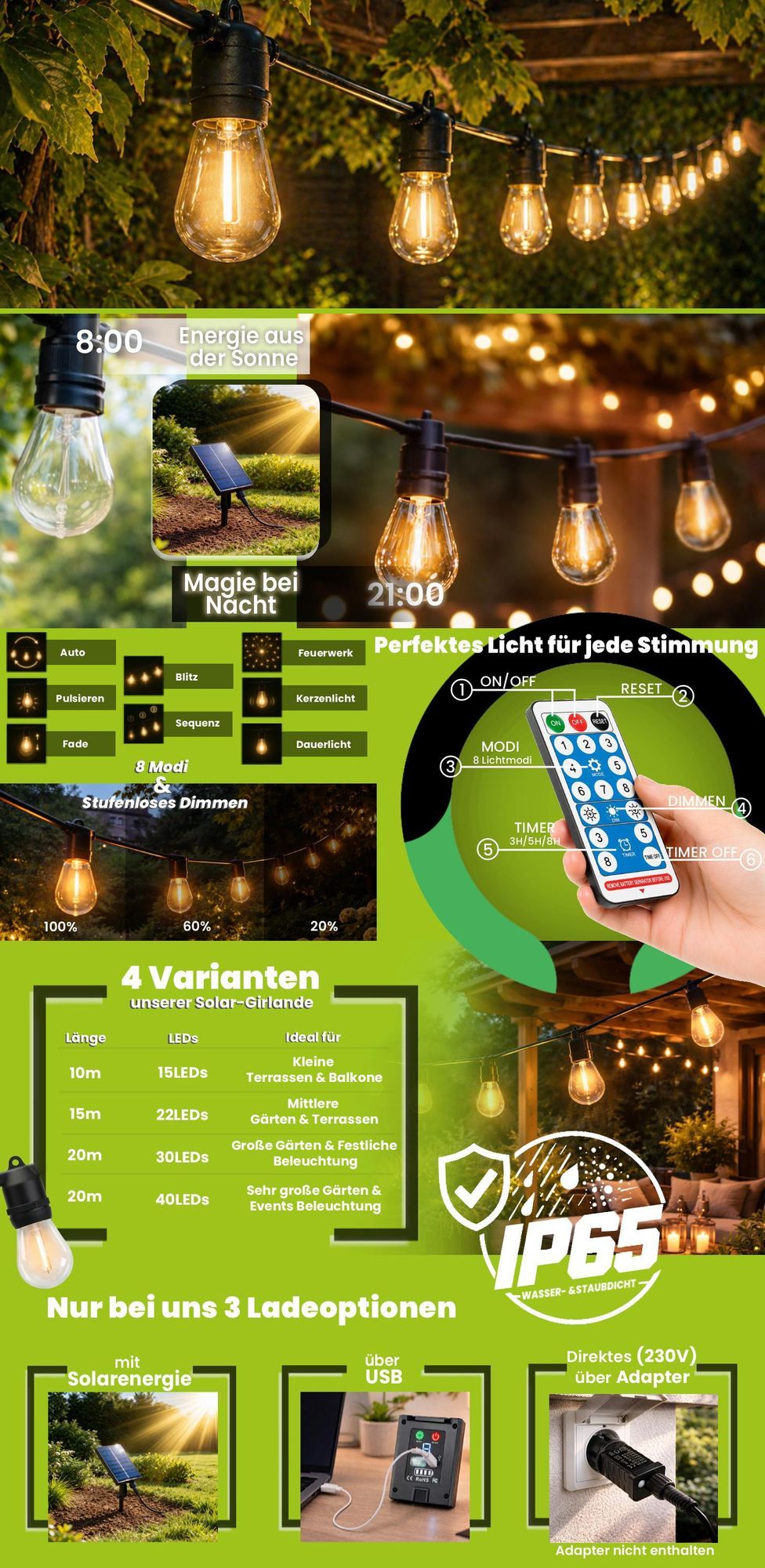 LUMILED Solar Lichterkette für Außen 15M S14 22x LED + 2 Ersatzbirnen, mit Fernbedienung, Warmweiß 2700K IP65 Wasserdicht 8 Betriebsarten Dimmbar Solarlichterkette Solarlampe Garten Outdoor Außenlichterkette