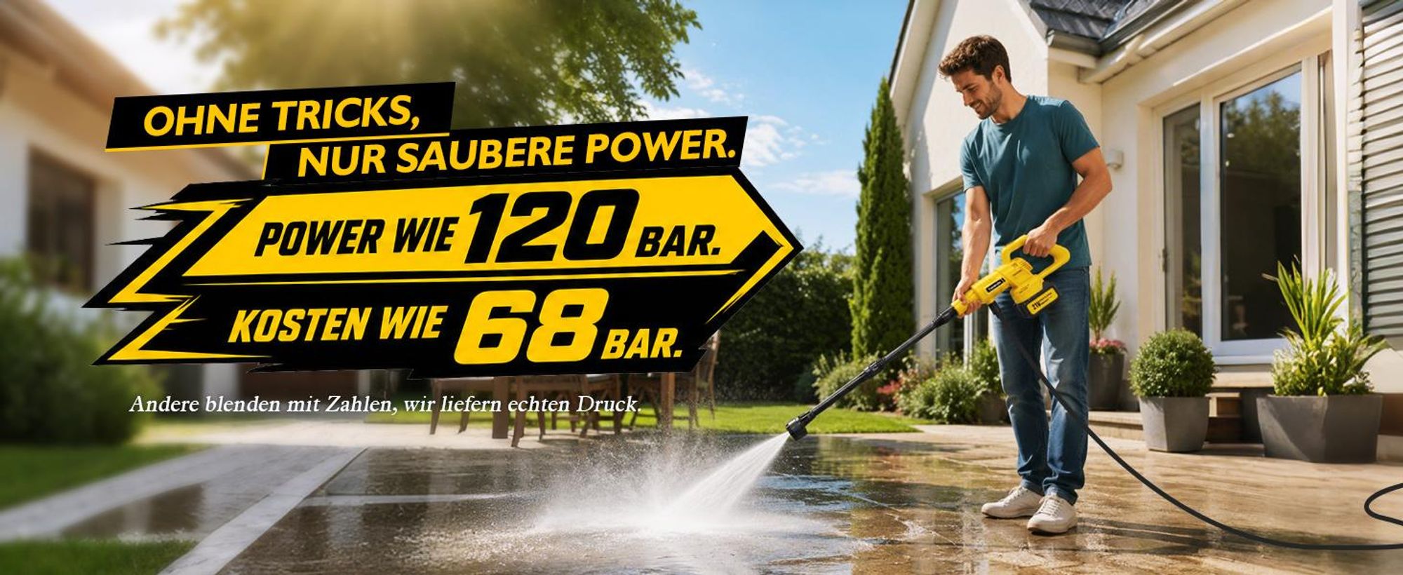 Akku Hochdruckreiniger Kabellos, 8000mAh (2×4000mAh), Starke Reinigung für Auto & Garten, 6-in-1 Düse + 180°/360° Rotationsdüse, 17-teiliges Kompletts