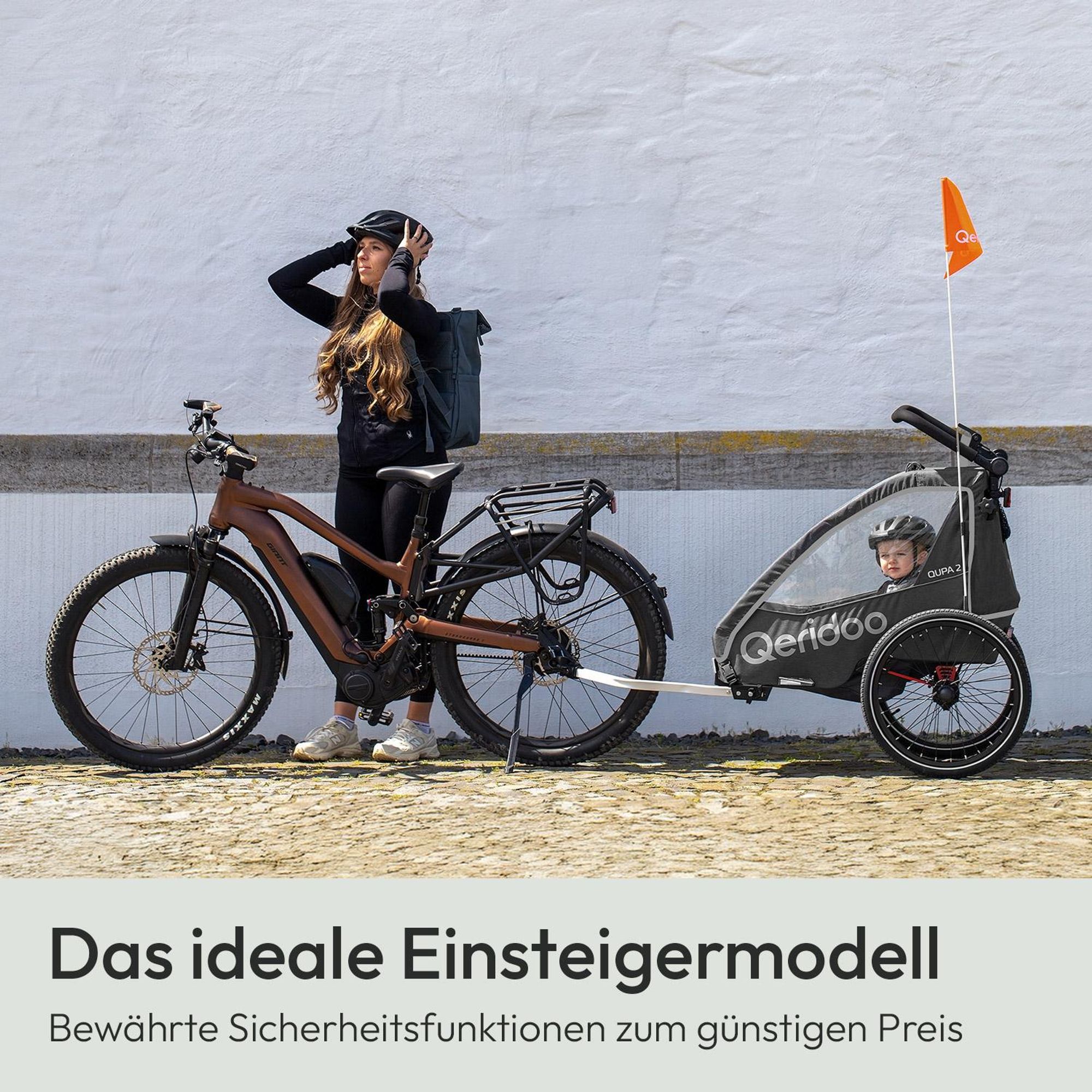 Qeridoo QUPA 2 - Kinderfahrradanhänger für 2 Kinder, Farbe: Grey