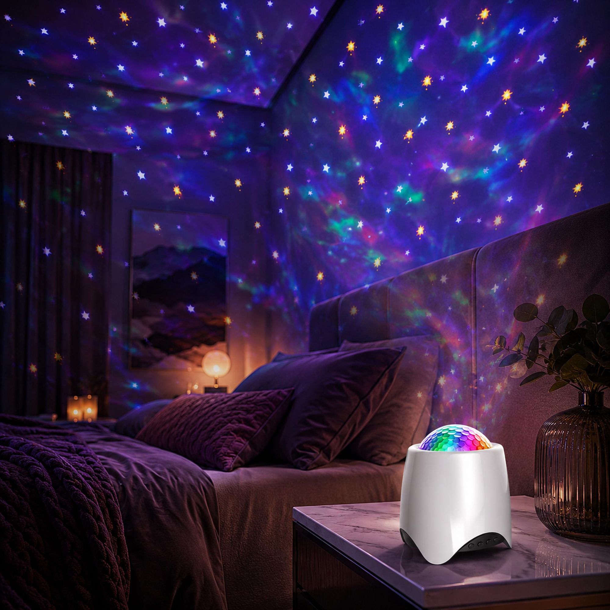 Sternenhimmel Projektor, 3in1 Musik Projektor Nachtlicht mit Bluetooth Lautsprecher & White Noise,56 Dynamische Farb,Baby Kinder Erwachsene Party Deko