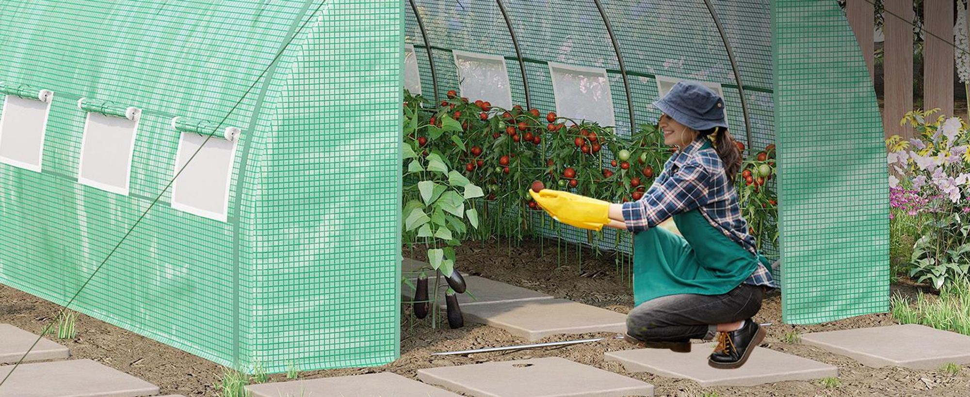 Outsunny Foliengewächshaus Polytunnel 3,97 x 3 x 2 m Abdeckungen aufrollbar Grün