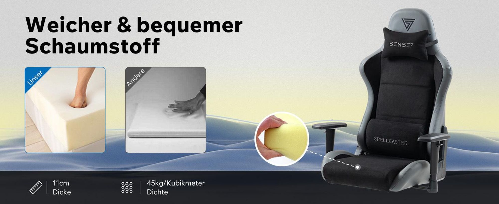 Sense7 Spellcaster FUKU Gamingstuhl, Gaming Sessel, Bürostuhl, Ergonomisch Schreibtischstuhl, Drehstuhl mit Kopfstützen bis zu 120 kg, Stoff, Schwarz