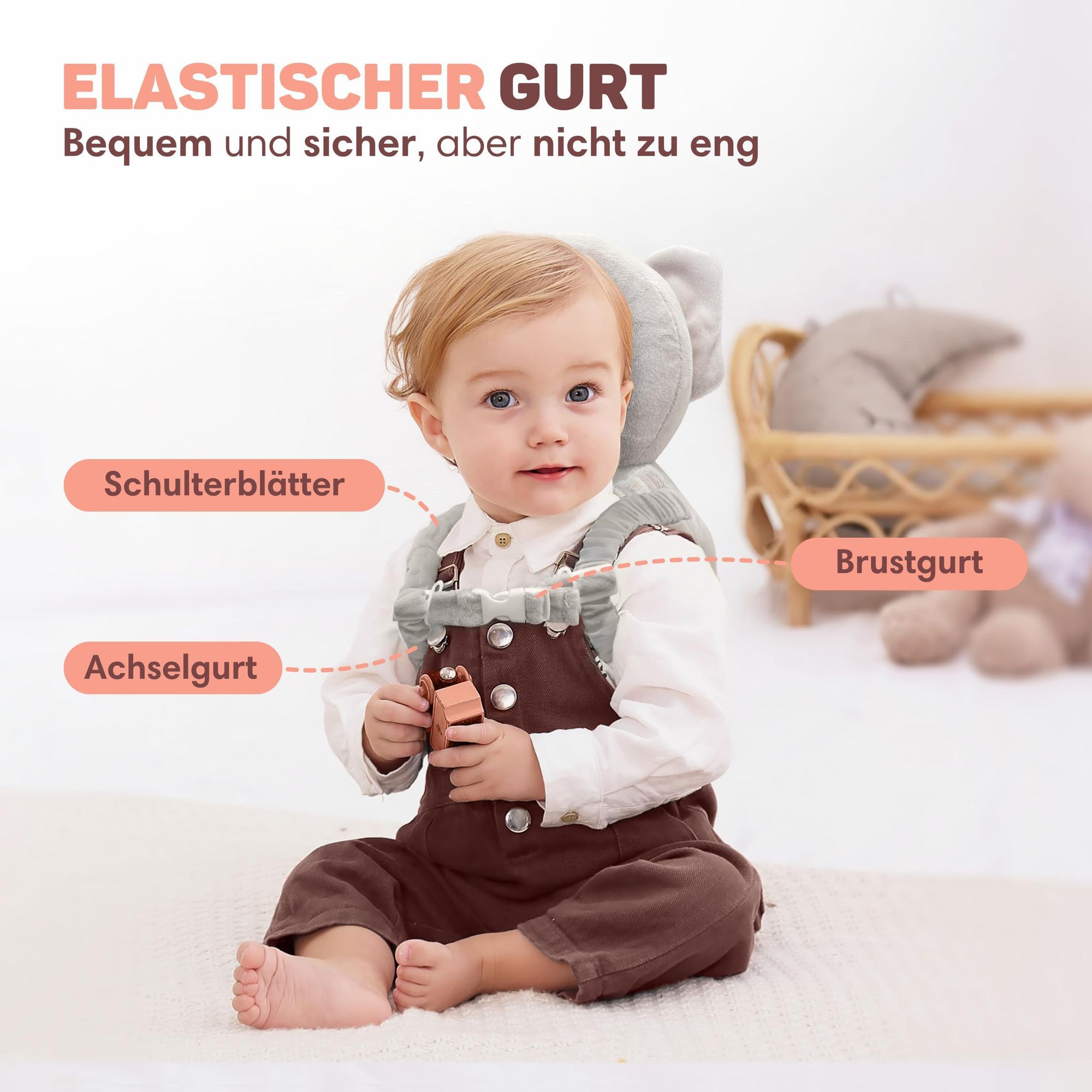Vulpes Goods Baby Kopfschutz, Fallschutz-Rucksack für Kinder, 3D Elefantenform, Kopf-Rückenprotektor Kleinkinder, sicher Krabbeln & Gehen lernen