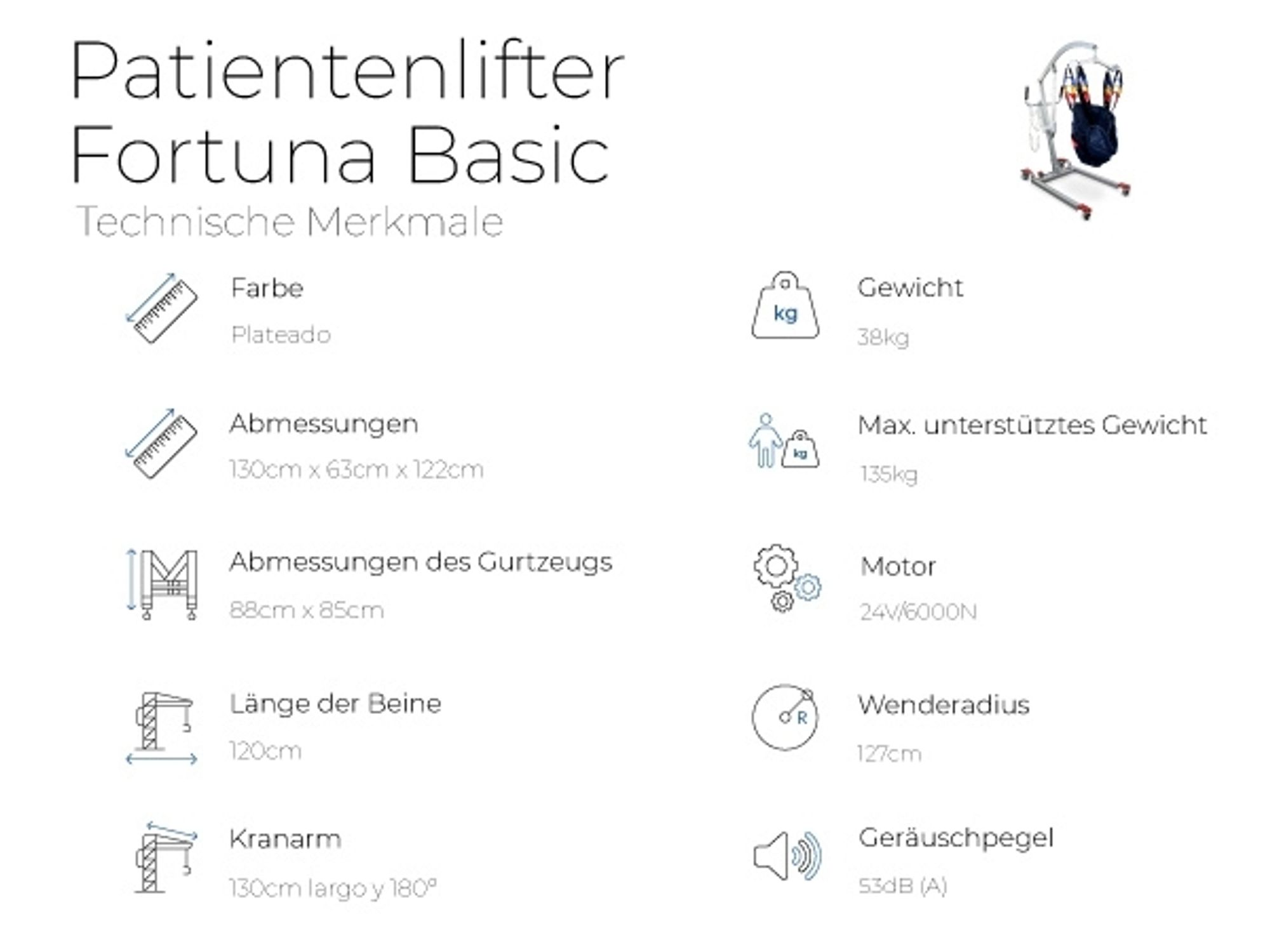 Patientenlift Elektrisch Modell Fortuna Basic Mobilcinic Inklusive Transfergurt Tragfähigkeit bis 180 kg Sicherheitsrollen Schwerlast