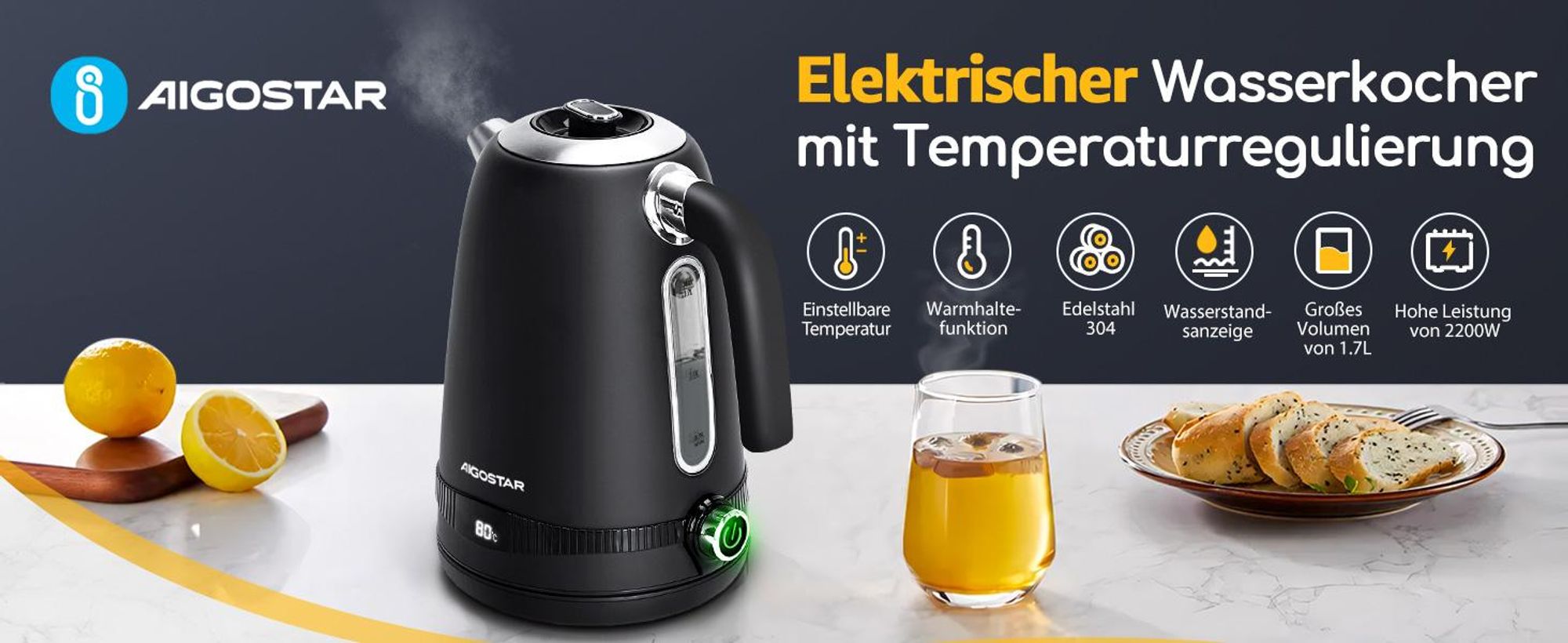 Aigostar - Digitaler Edelstahl Wasserkocher mit Temperatureinstellung 40-100 Grad