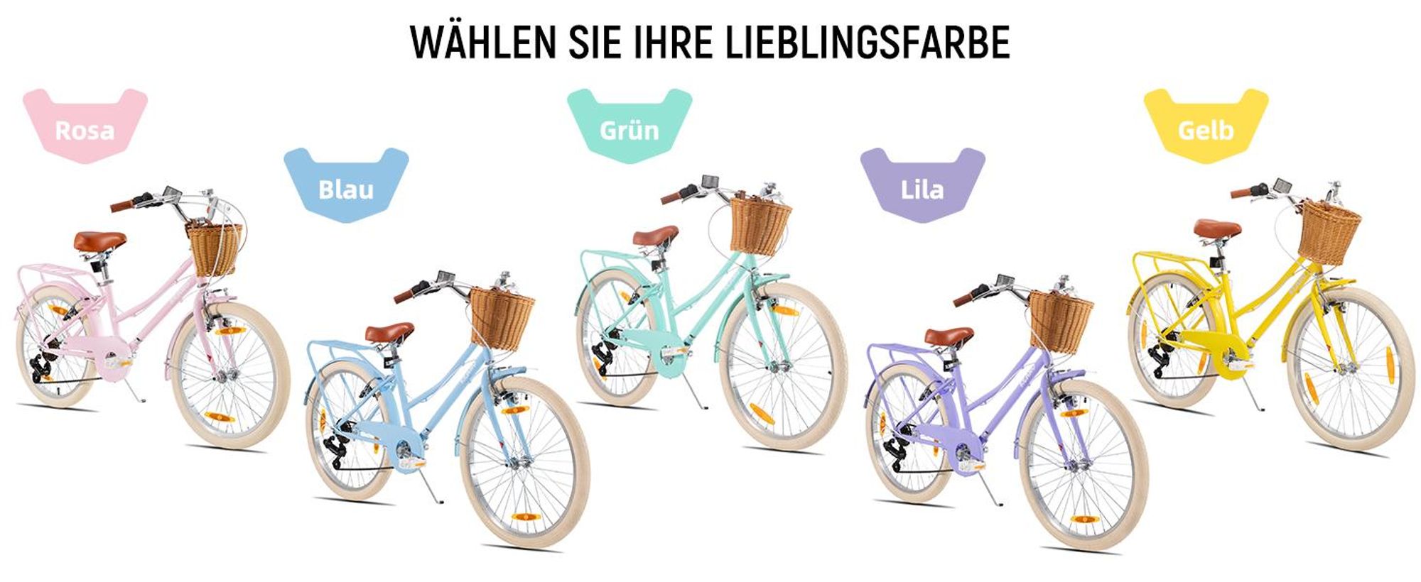 Mädchen Kinderfahrrad 20/24 Zoll, 7-Gang Shimano, V-Bremsen, Weidenkorb, Prinzessinnen Stil