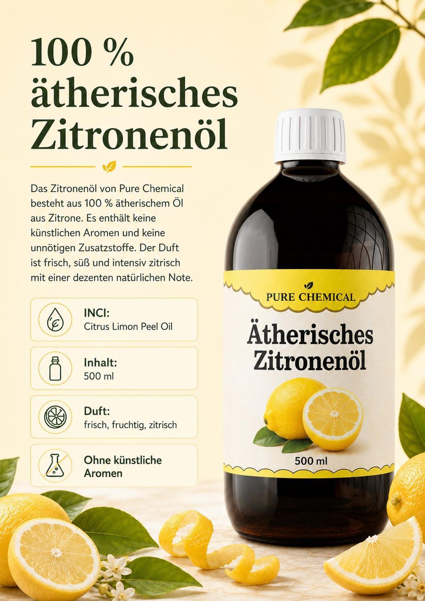 Zitronenöl 500 ml, 100% natürliches ätherisches Öl, Citrus Limon Peel Oil, für Diffuser, Aromatherapie & DIY-Kosmetik | Pure Chemical™