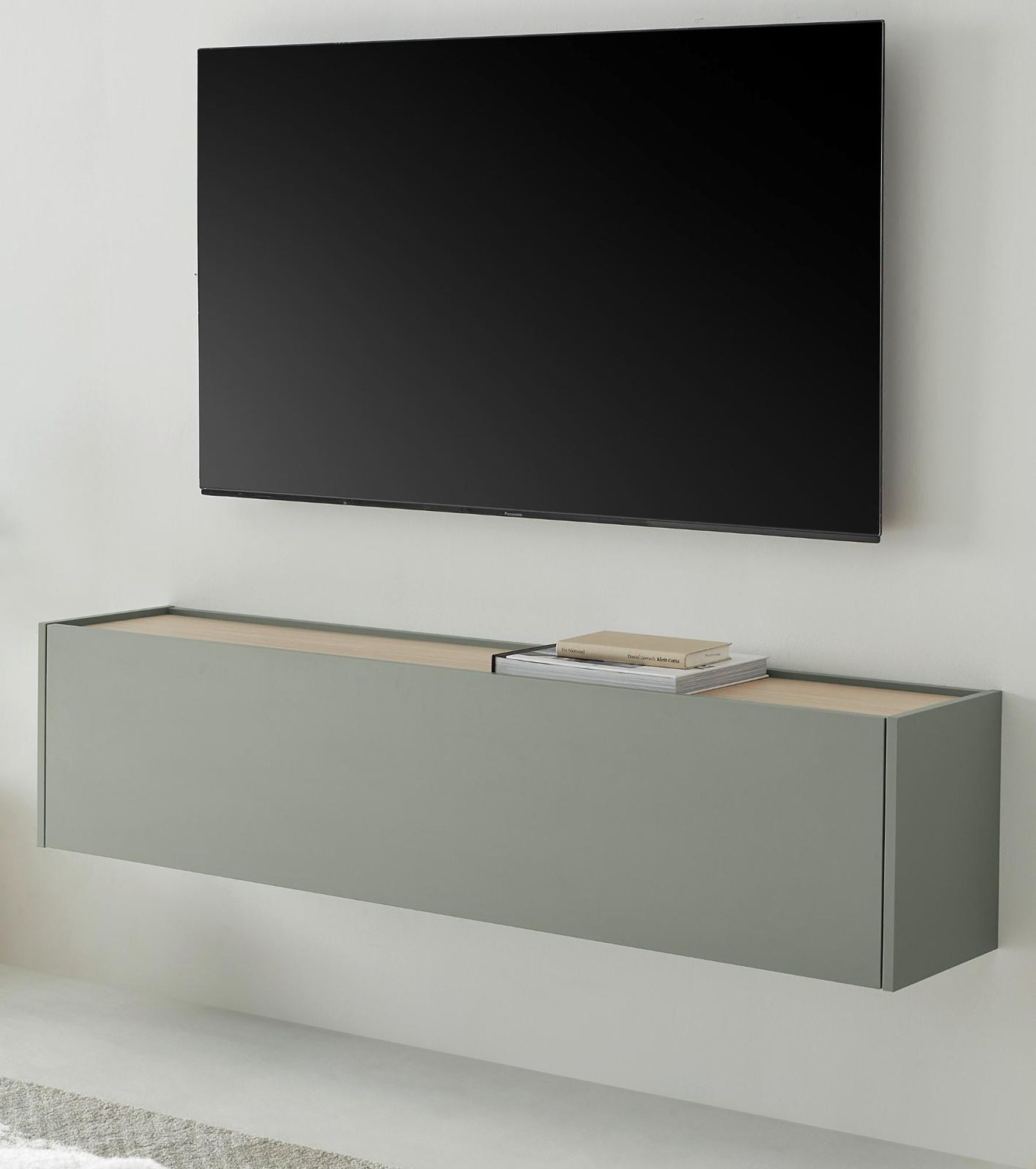 Center TV Lowboard 150 cm - Salbei Grün mit Eiche, Flat-TV Hängeschrank
