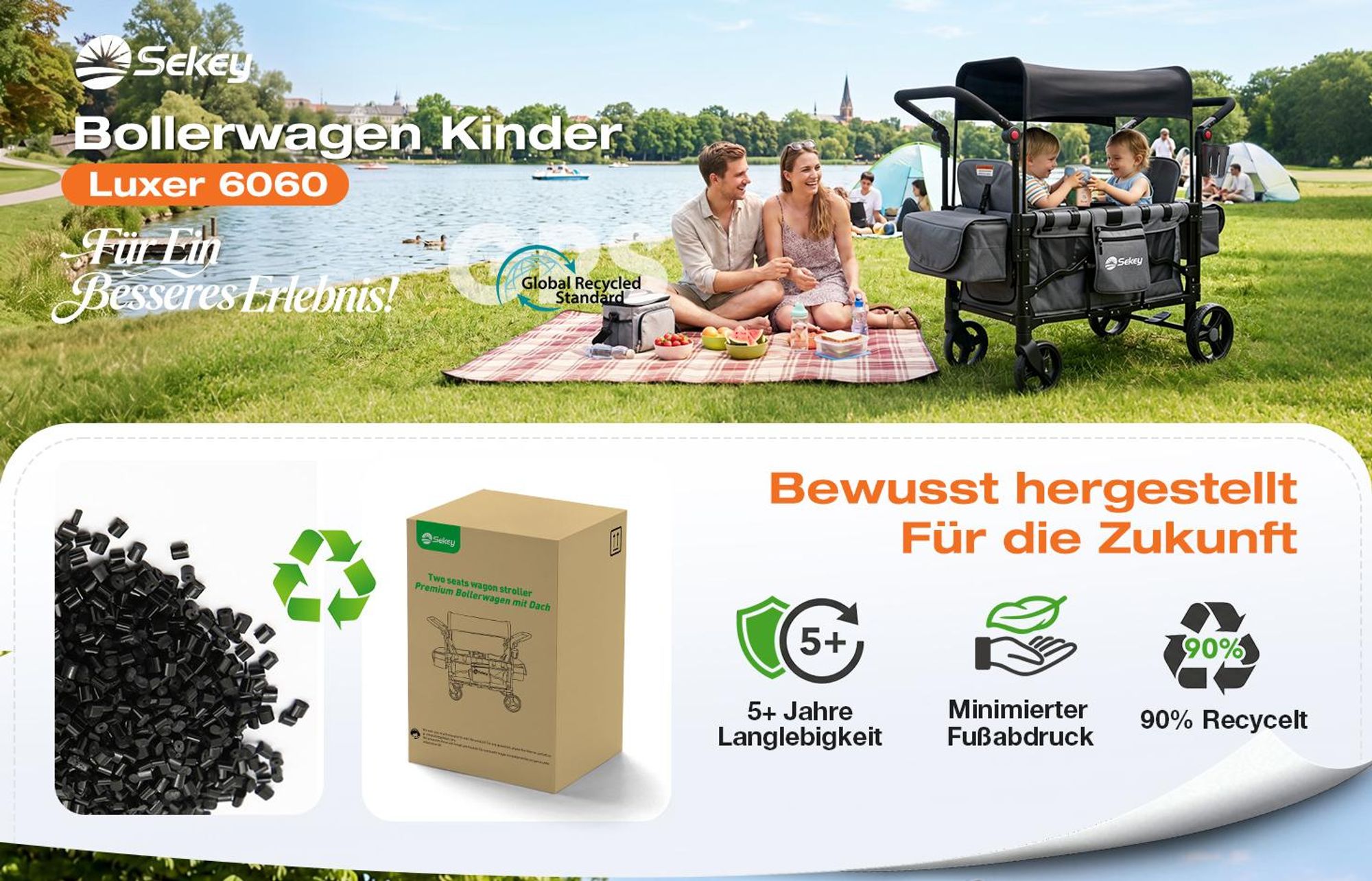 Sekey Bollerwagen Faltbar mit Dach Zwillingsmodus Kinderwagen Doppelsitz mit 2x 5-Punkt-Gurtsystem, Schwarz