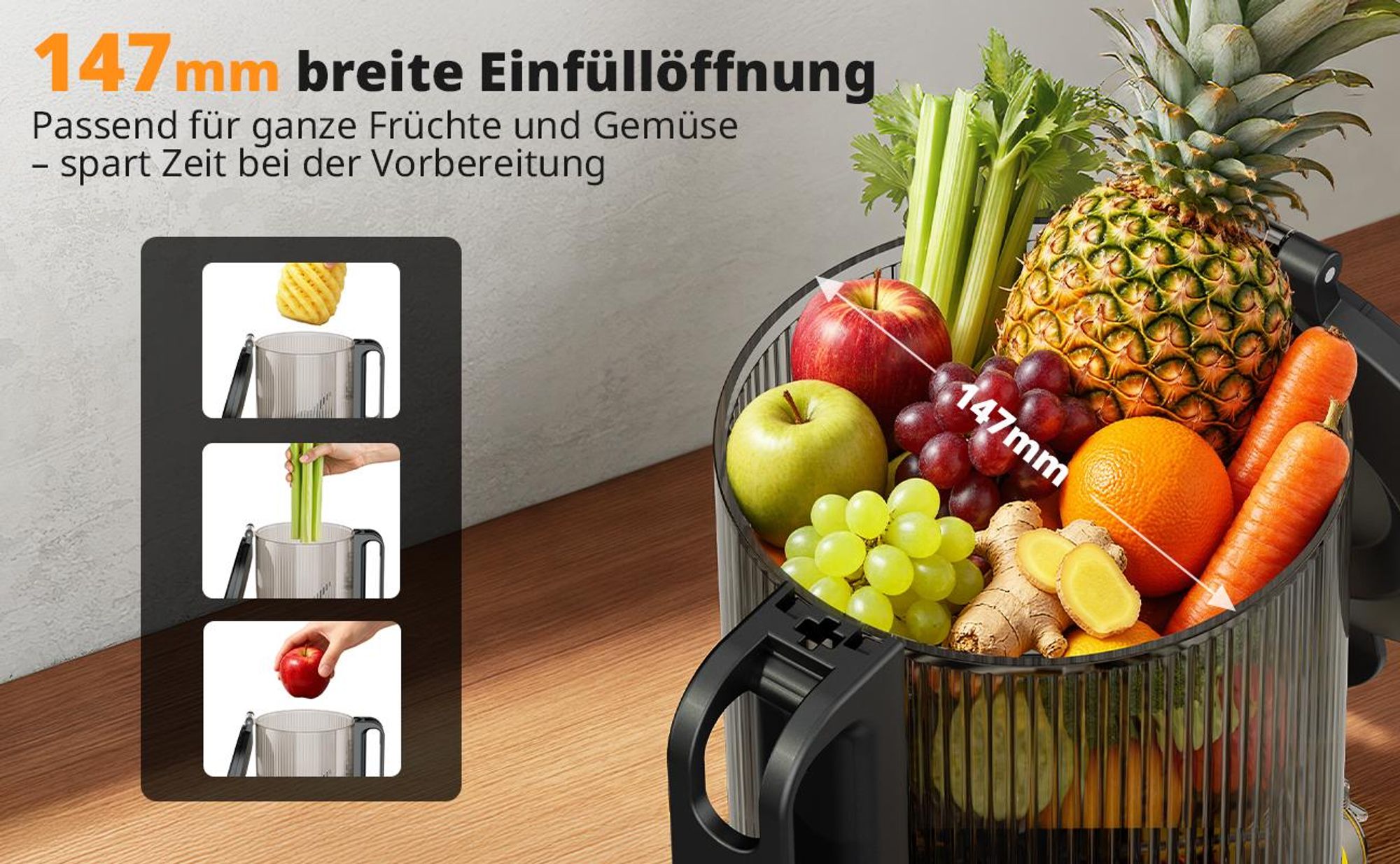 AIRMSEN Entsafter 300W, 140MM Öffnung, 2,1L Entsafter für Gemüse und Obst, Entsafter Slow Juicer mit Dreifachem Filter, Schwarz