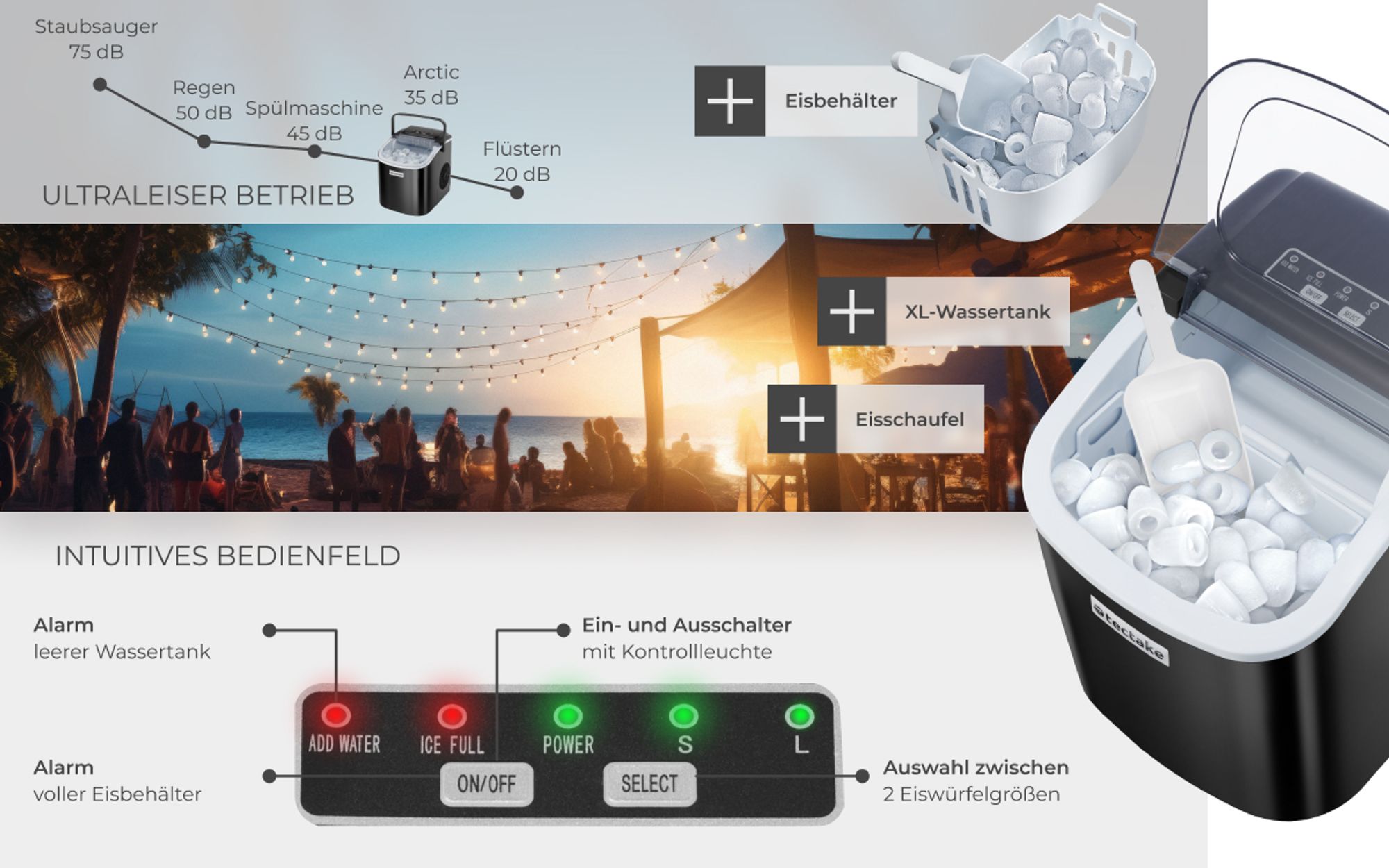 tectake® Eiswürfelmaschine Arctic 1,2 l Wassertank, 2 Eiswürfelgrößen
