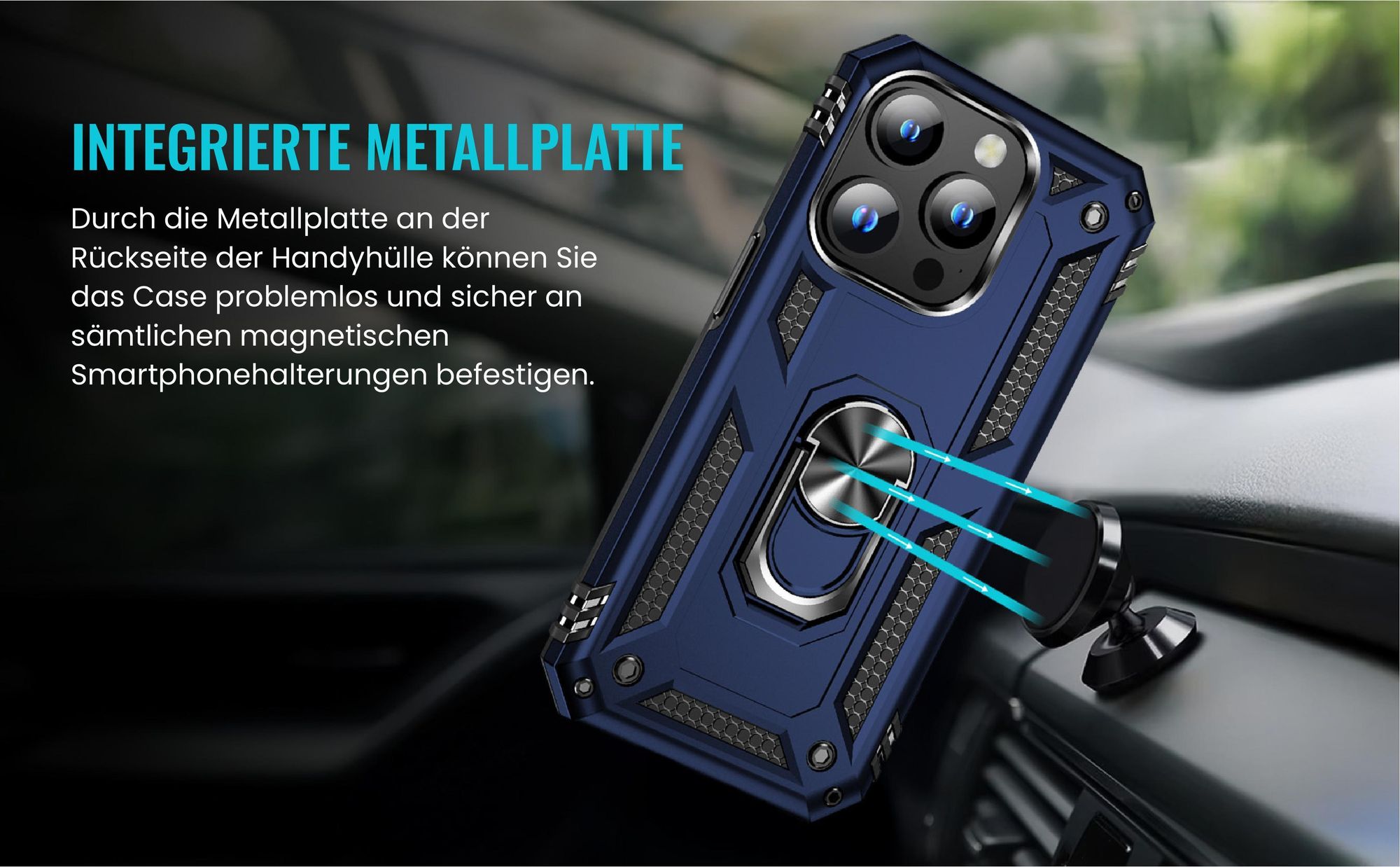 Bumper für Apple iPhone 15 Pro in Blau mit Metallplatte