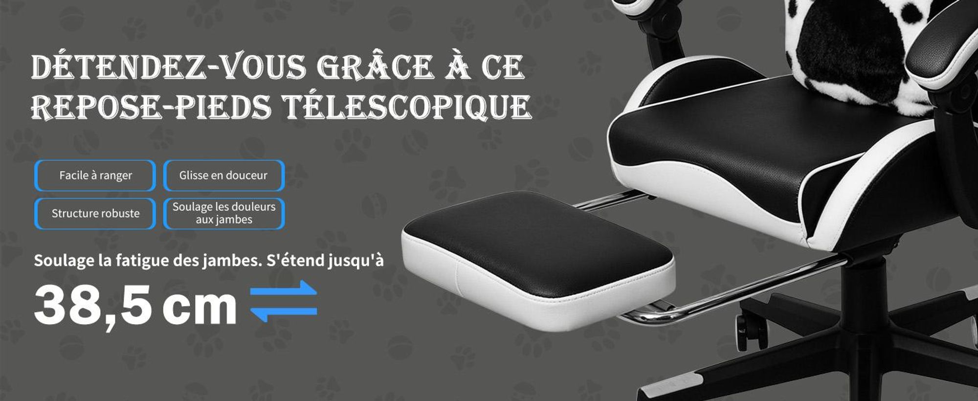 Chaise de gaming Puluomis avec repose-pieds, fauteuil de bureau, siège de chef, chaise de bureau, siège de course, ergonomique, pivotante, réglable en hauteur, design noir et blanc