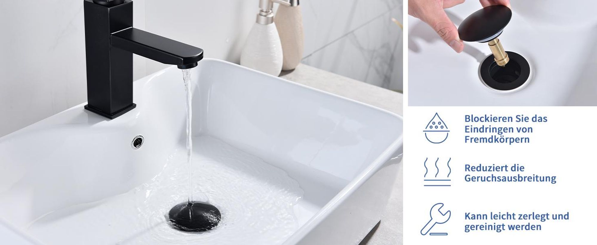 Homelody Wasserhahn Bad mit Pop-Up Ventil Messing Ablaufgarnitur,Schwarz Waschtischarmatur Wasserfall,Waschbecken Armaturen fur waschbecken,Edelstahl
