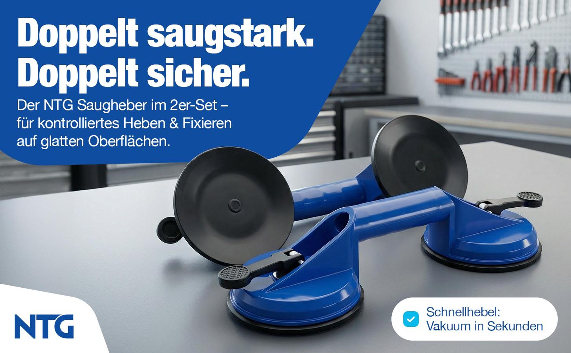NTG Profi Saugheber 2er Set – Doppelsaugnapf bis 60kg – Glasheber & Fliesenheber mit 118mm Saugteller – Vakuumheber